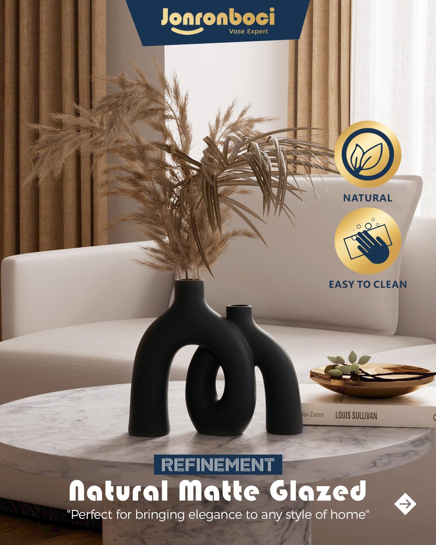 Matte Black Vase Set - Hug Hollow Donut Aesthetic Ceramic Vases Home Decor, Modern Nordic Minimalist Decorative Vase for Table Centerpiece Bookshelf Office Entryway Console Fireplace (Black)