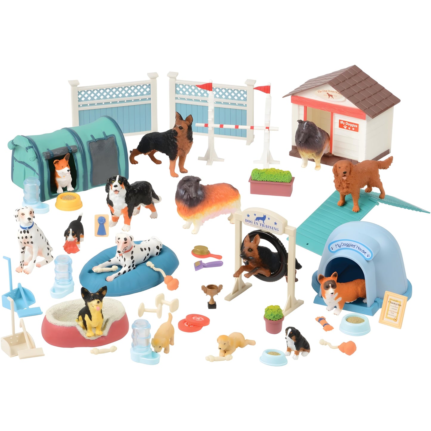 CP Toys Kids 51-Piece Dog Academy Playset with Plastic Toy Dog Figurines, Pretend Play Animal Toys with Dogs, Puppies, and Accessories for Kids Ages 3+, Multicolor