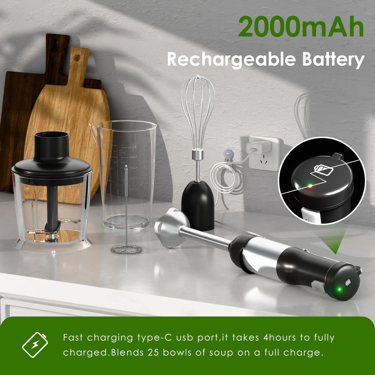 WHUTO Cordless Immersion Hand Blender, 5-in-1 Variable Speed blender handheld,Rechargeable with 2000mAh Battery, BPA-Free & Dishwasher-Safe Accessories:700ml Beaker,Chopper,Whisk & Milk Frother,Black