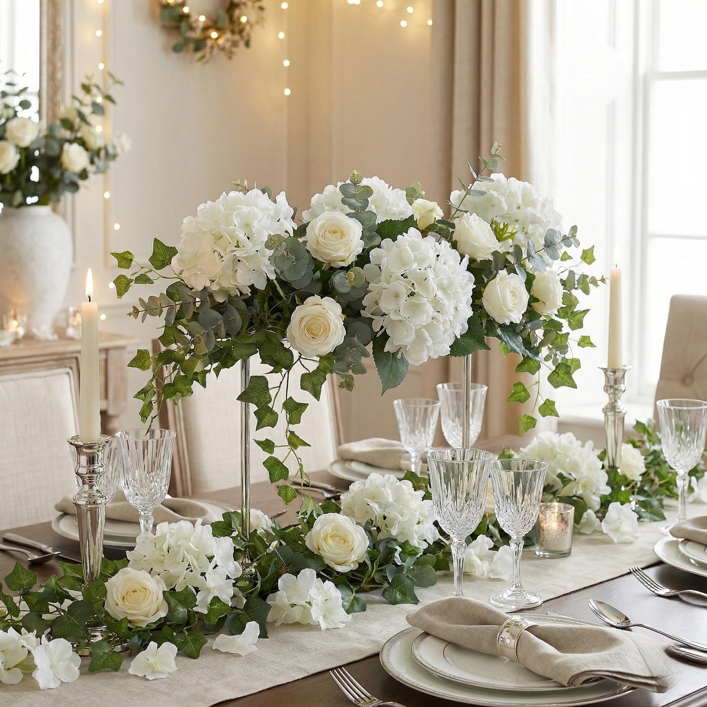 KISLOHUM 100 PCS Ivory Hydrangea Artificial Flowers, Faux Hydrangea Flowers Silk Full Flowers Heads with Stems for Wedding Centerpieces, Home, Garden, Baby Shower, Party Decoration