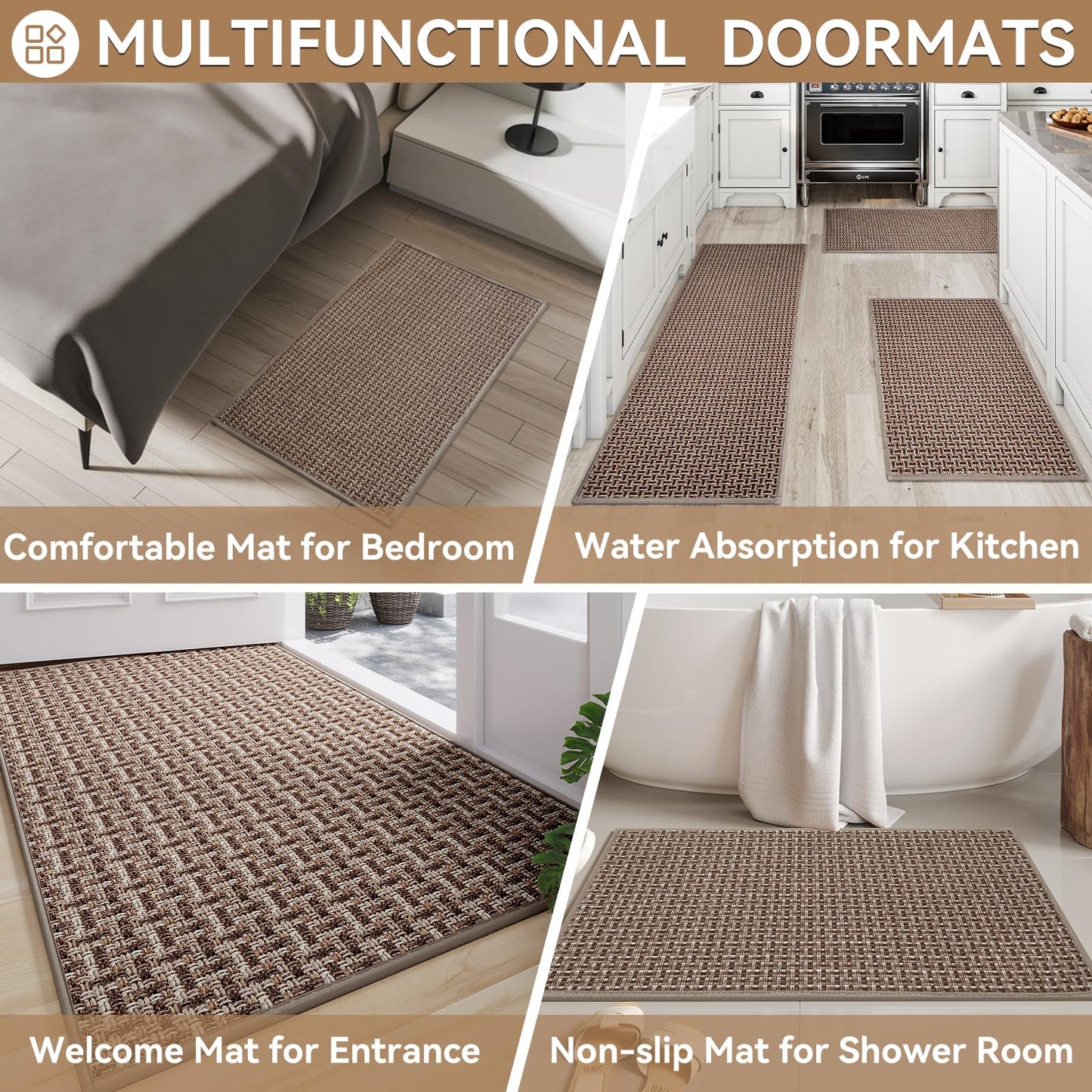 Indoor Door Mat 36x60 Dirt Resistant and Absorbent, Non-Slip Rubber Backing Floor Mats, Easy Clean Low-Profile Doormat for Entryway, Front Door, Inside Entrance Brown