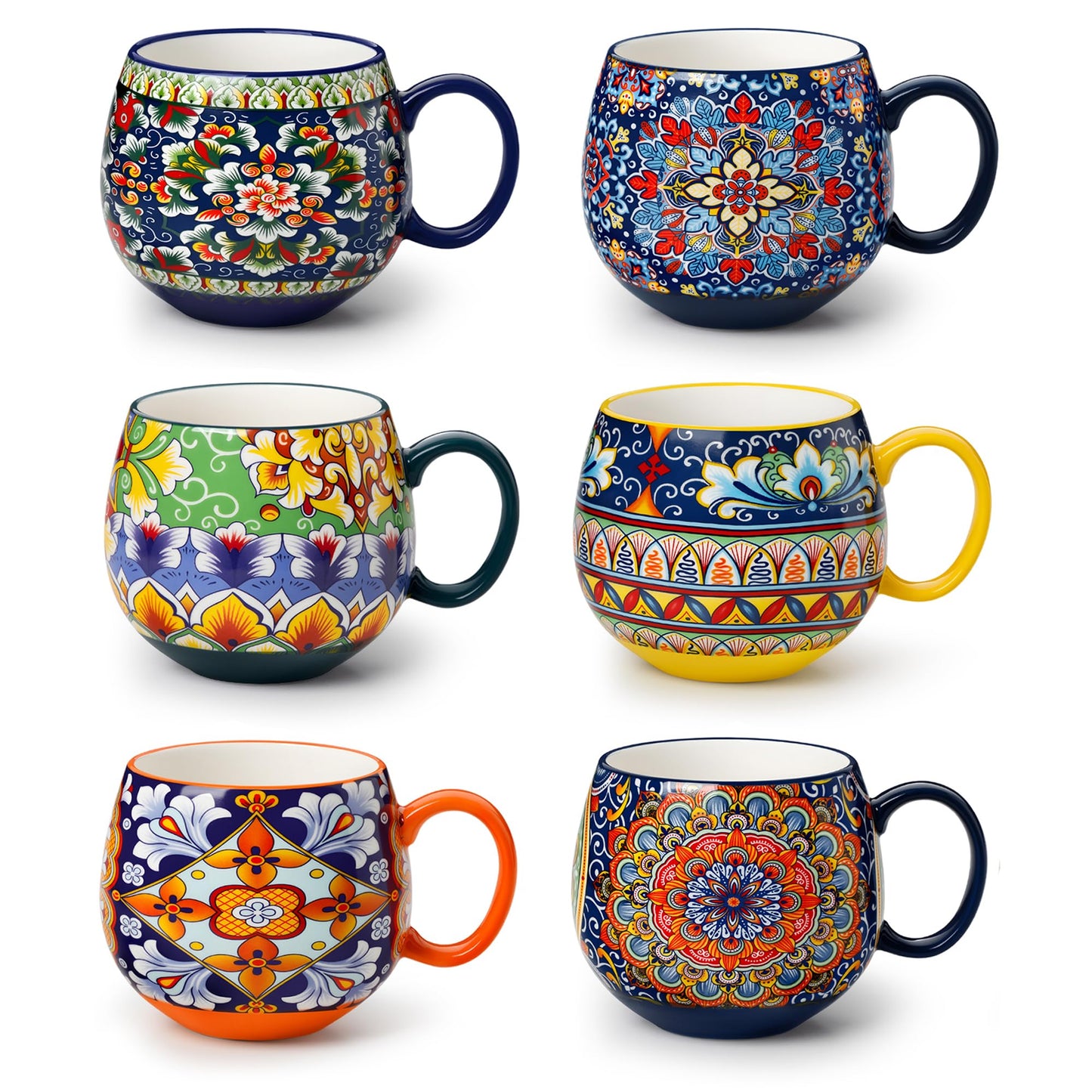 vancasso Coffee Mugs Set of 6, Coffee Cups Ceramic 16oz, Porcelain Coffee Mugs for Cappuccino, Latte, Espresso, Colorful Coffee Mugs with Handle, Rounded Boho Mugs, Microwave & Dishwasher Safe
