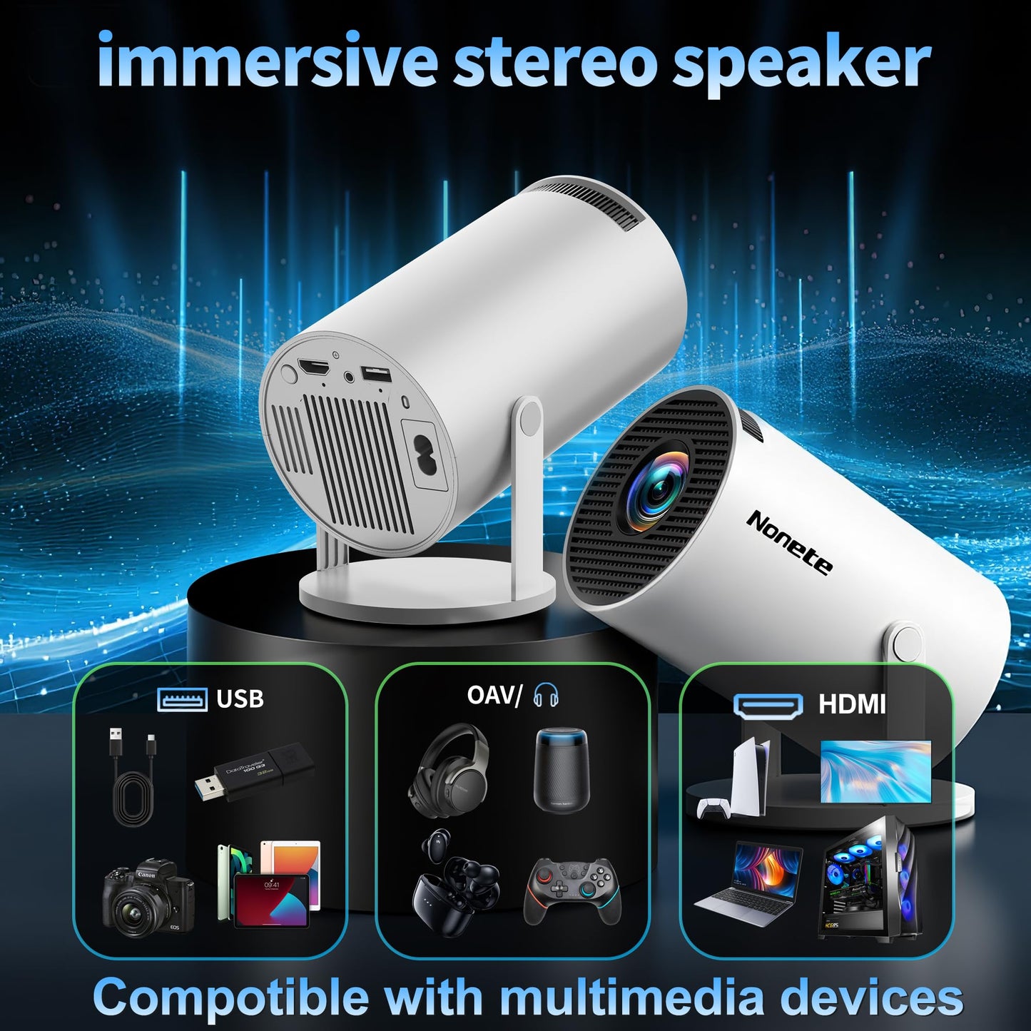 [2026 Upgraded] Mini Projector Support 4K 1080P FHD Auto Keystone 270° Rotatable with WiFi 6 and Bluetooth 5.2 Projector Portable Compatibile with HDMI/TV Stick/Memory Stick/Laptop,White