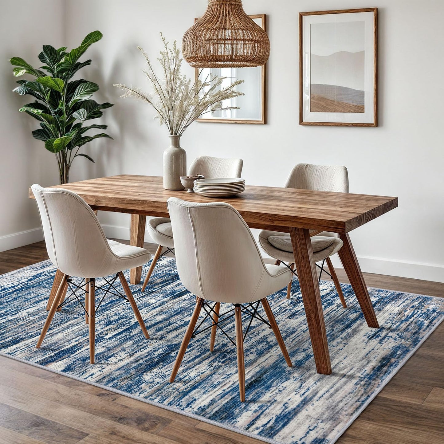 SIILOOM 5x7 Modern Abstract Area Rug for Bedroom, Navy Blue Gray Neutral Multi Large Super Soft Washable Rug with Non-Slip, Non-Shedding Rugs for Living Room, Indoor Door Mat for Home Décor