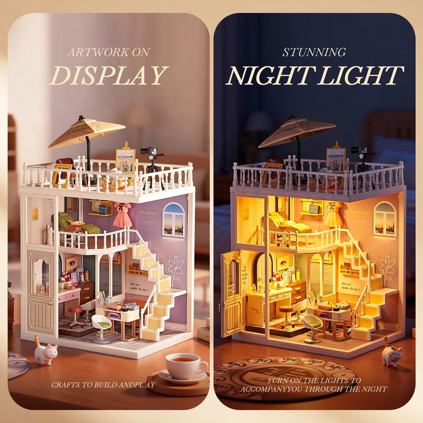 Qudify DIY Miniature House Play Kit with 101Pcs, 1:20 Scale Dollhouse Furniture with LED Light, Realistic Accessories Mini Room & Connectable Base Tiny House for Adults & Kids 8+ (Beauty Salon, Large)