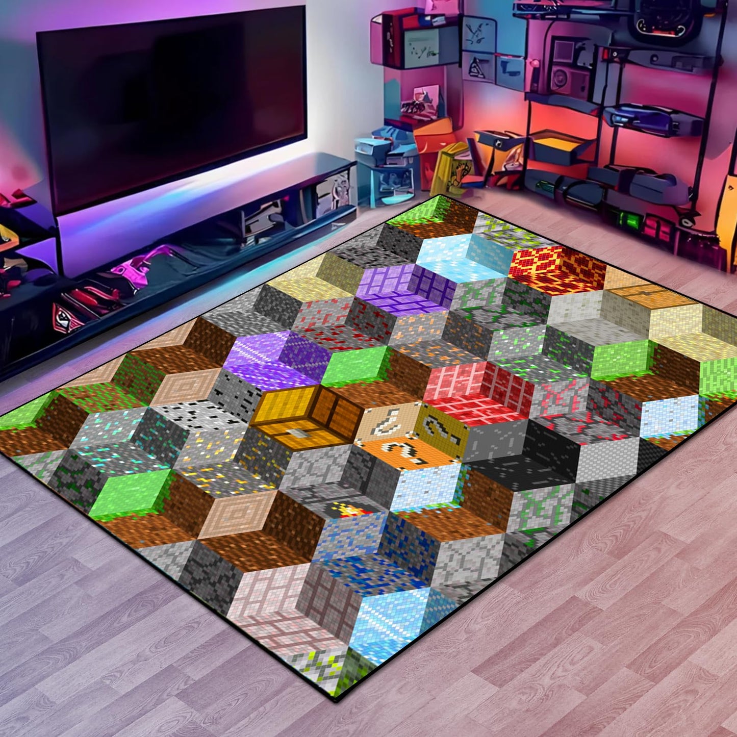 Block Game Rug Teen Boys Carpet with Pixel Games Element Decoration Mat, Cube Block Game Rugs for Boy’s Bedroom Living Room Playroom, Non-Slip Children Gaming Area Rugs (79" x 59")