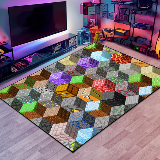 Block Game Rug Teen Boys Carpet with Pixel Games Element Decoration Mat, Cube Block Game Rugs for Boy’s Bedroom Living Room Playroom, Non-Slip Children Gaming Area Rugs (79" x 59")