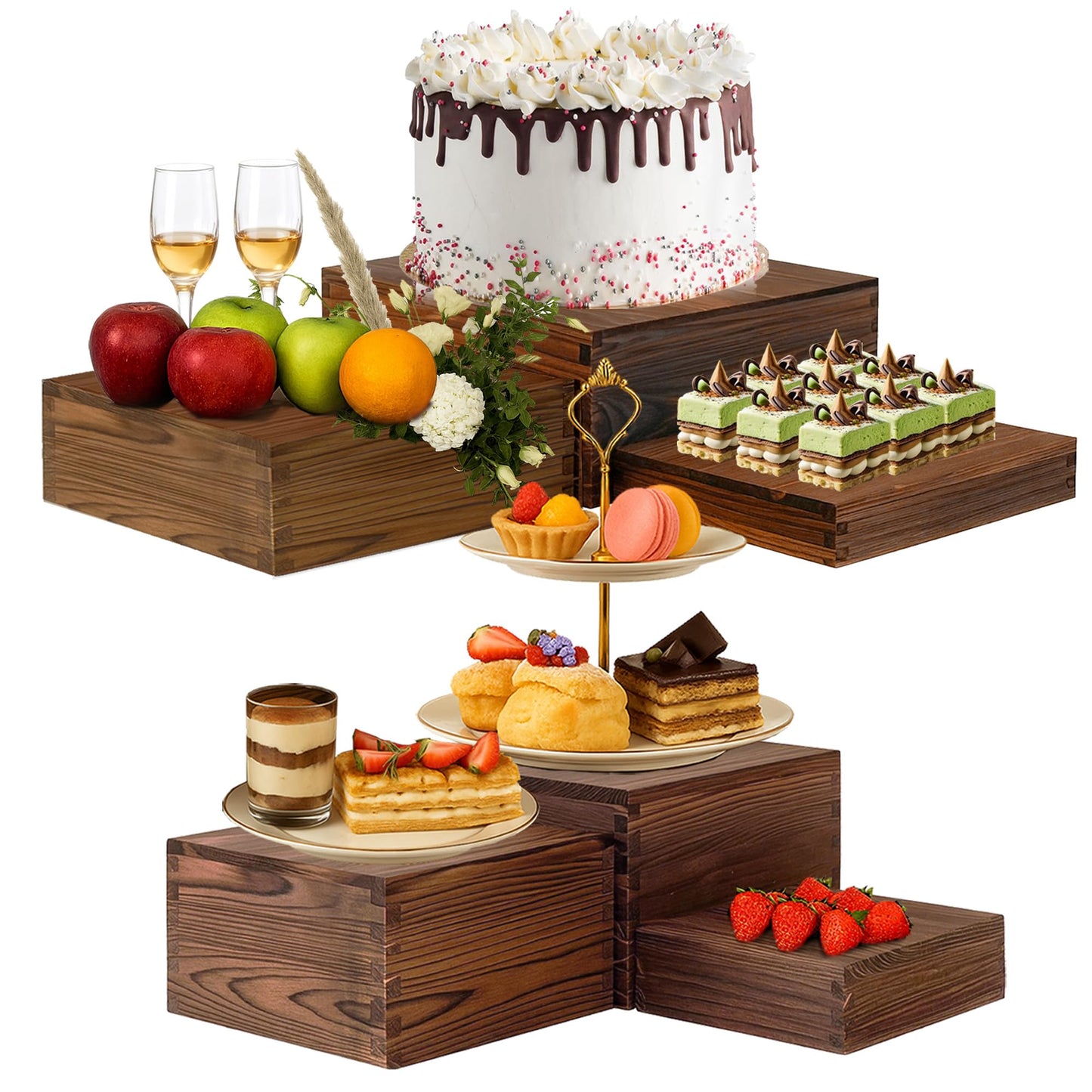 Verssure 6-Pack Wood Risers Display Stands, Multi-Height Food Risers for Buffet Table, Rustic Wooden Cake & Cupcake Stands for Party, Birthday, Wedding, Halloween Decor