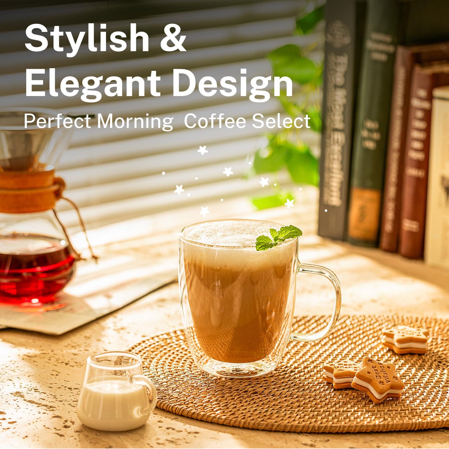Sweese Double Walled Coffee Mugs - 12.5 oz Clear Coffee Mugs, Glass, Set of 4, Perfect for Cappuccino, Latte, Americano, Tea Bag, Beverage