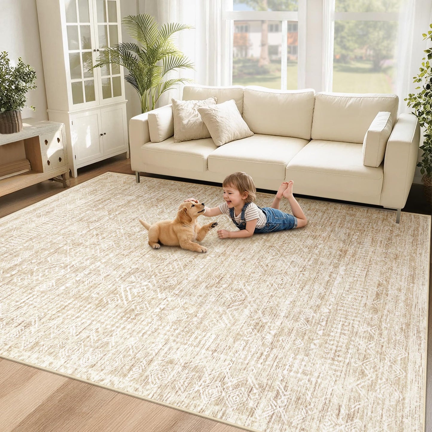 6x9 Area Rugs for Living Room: Washable Moroccan Geometric Boho Rug Farmhouse Non Slip Stain Resistant Large Rug Low Pile Soft Carpet for Bedroom Dining Room Home Office Children Room (Beige,6'x9')