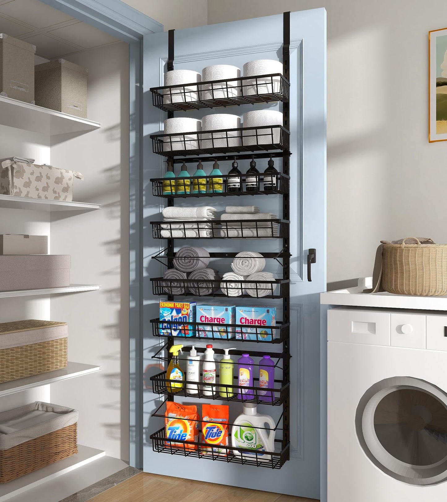 Mefirt Over The Door Pantry Organizer, Wall Mount Spice Rack, Pantry Hanging Storage and Organization, 8 Adjustable Baskets Heavy-Duty Metal for Home & Kitchen, Back of Door Seasoning Rack - Black