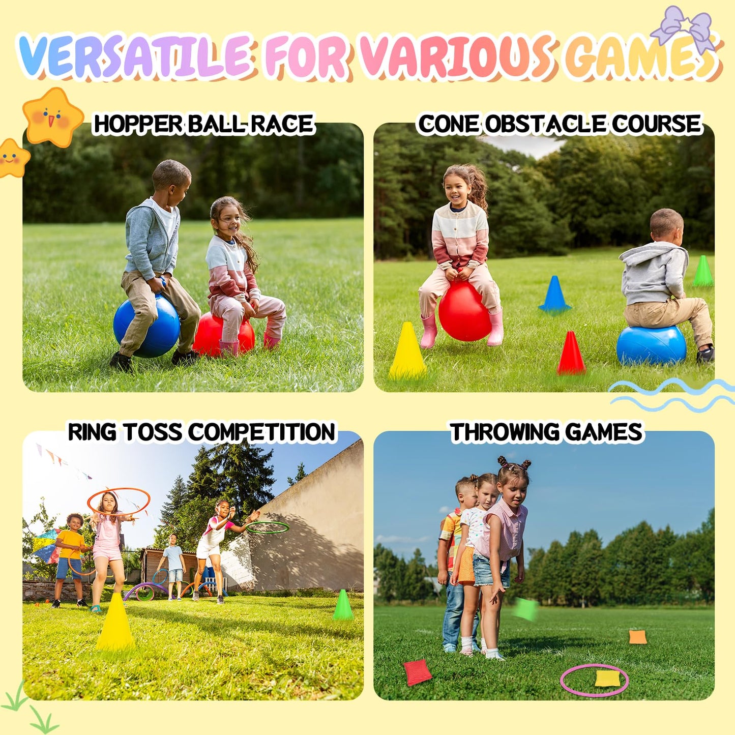 4 in 1 Carnival Outdoor Games Combo Set for Kids with 2 PCS Hopper Balls, 18 inch Bouncy Ball with Handle & Soft Plastic Cones & Bean Bags Ring Toss Game, Gift for Family Birthday Party Backyard Games