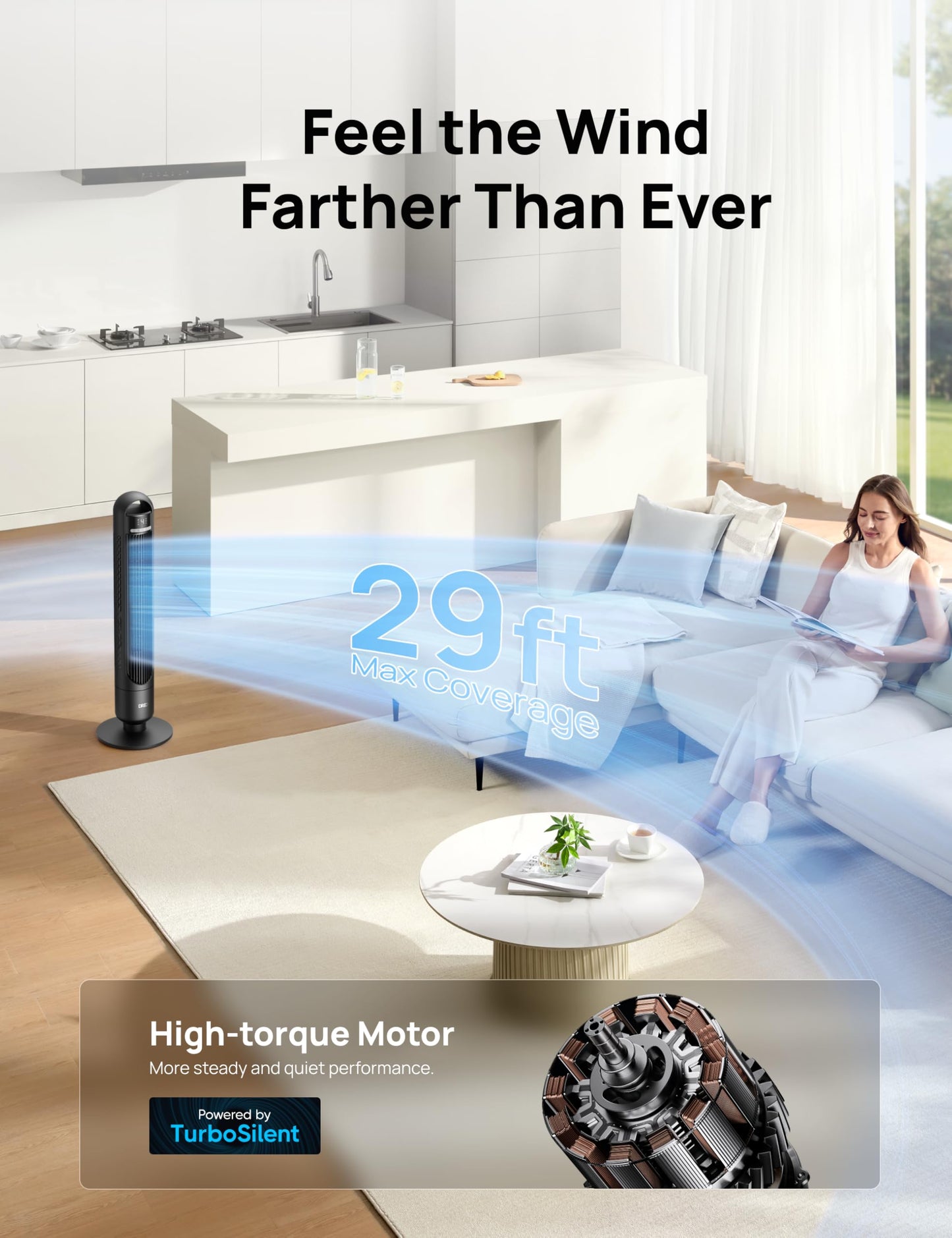 Dreo Tower Fan for Bedroom, 90° Oscillating Standing Fans for Room with 4 Speeds, 3 Modes, 28dB Quiet for Sleep, 25ft/s Velocity, 8H Timer, Remote, Living Room, Office, Home, Black