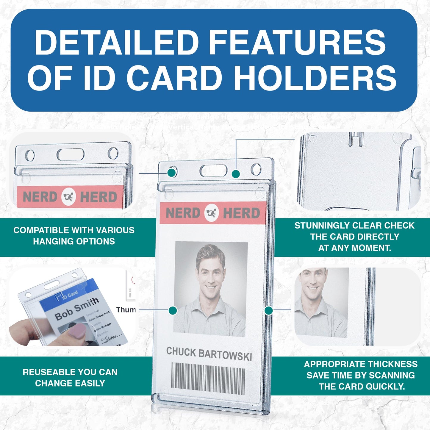 Bestom 50 Pack Frosted Clear Vertical Hard Plastic ID Card Holders- Rigid Plastic ID Card Protector Case W/Thumb Notch and Slot & Chain Holes for School Nurse Staff (50)
