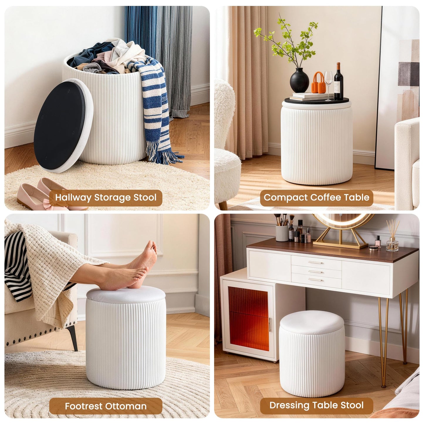 Canpsky White Vanity Stool Set of 2 - Round Storage Ottoman with Lid, Velvet Footrest Pouf for Makeup Room & Living Room, Multi-Use Small Chair with Hidden Storage（White）