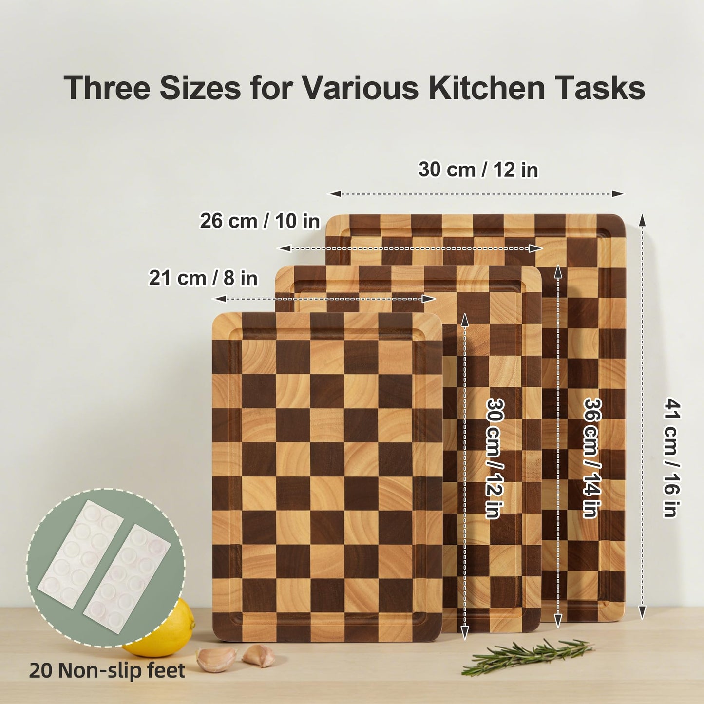Checkered Cutting Board Set, 3-Piece Wood Checkerboard Cutting Boards for Kitchen with Stand, Chopping Board Set with Juice Groove & Handle for Meat, Vegetables, Cheese & Serving