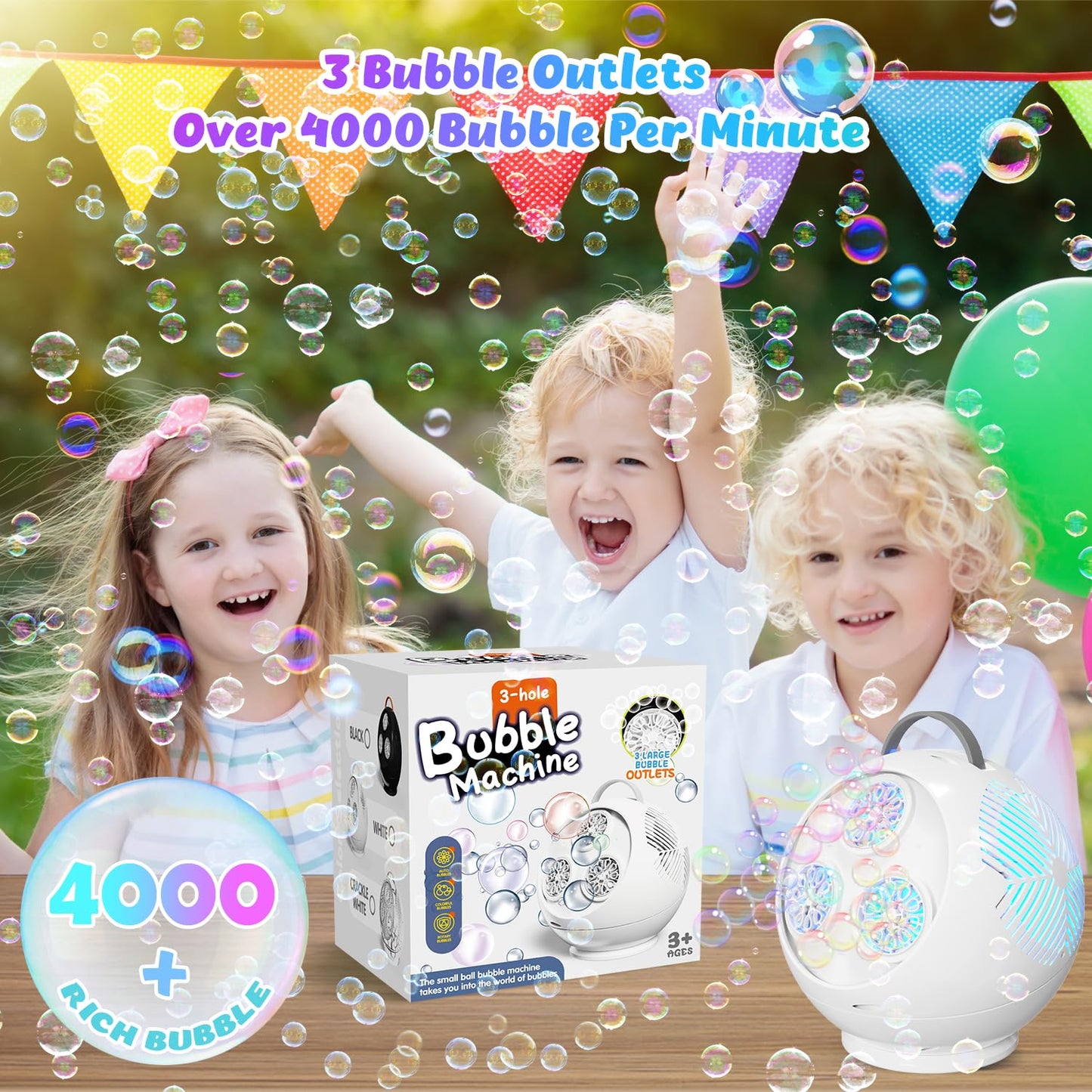 Bubble Machine for Kids Toddlers,45°/360° Automatic Rotation Spherical Bubble Maker Toy with RGB Light,Rechargeable Type-C Charge Bubble Blower,Outdoor Wedding Party Birthday Gifts (White)
