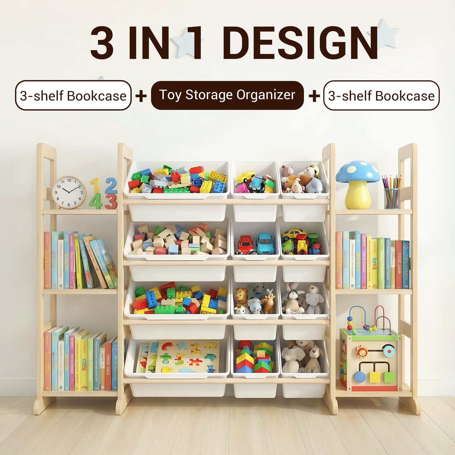 Kiddocood Kids Toy Storage Organizer with 12 Bins, 100% Solid Wood - Natural Finish Montessori Toy Organizer, BPA Free, CPC & TIC Certified Playroom Organization for Living Room & Nursery, 52.3"