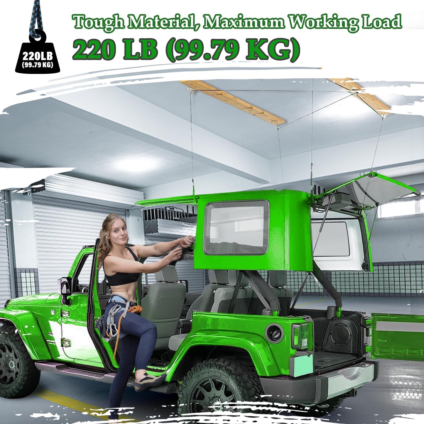 Hard Top Removal Lift for Jeep Wrangler - Top Lift Hoist for Jeep JL JK Models and Ford, Single Person Operation Roof Lift, Safe Anti-Drop System, Supports 8-16 ft. Ceiling, Bonus 6 T Knobs
