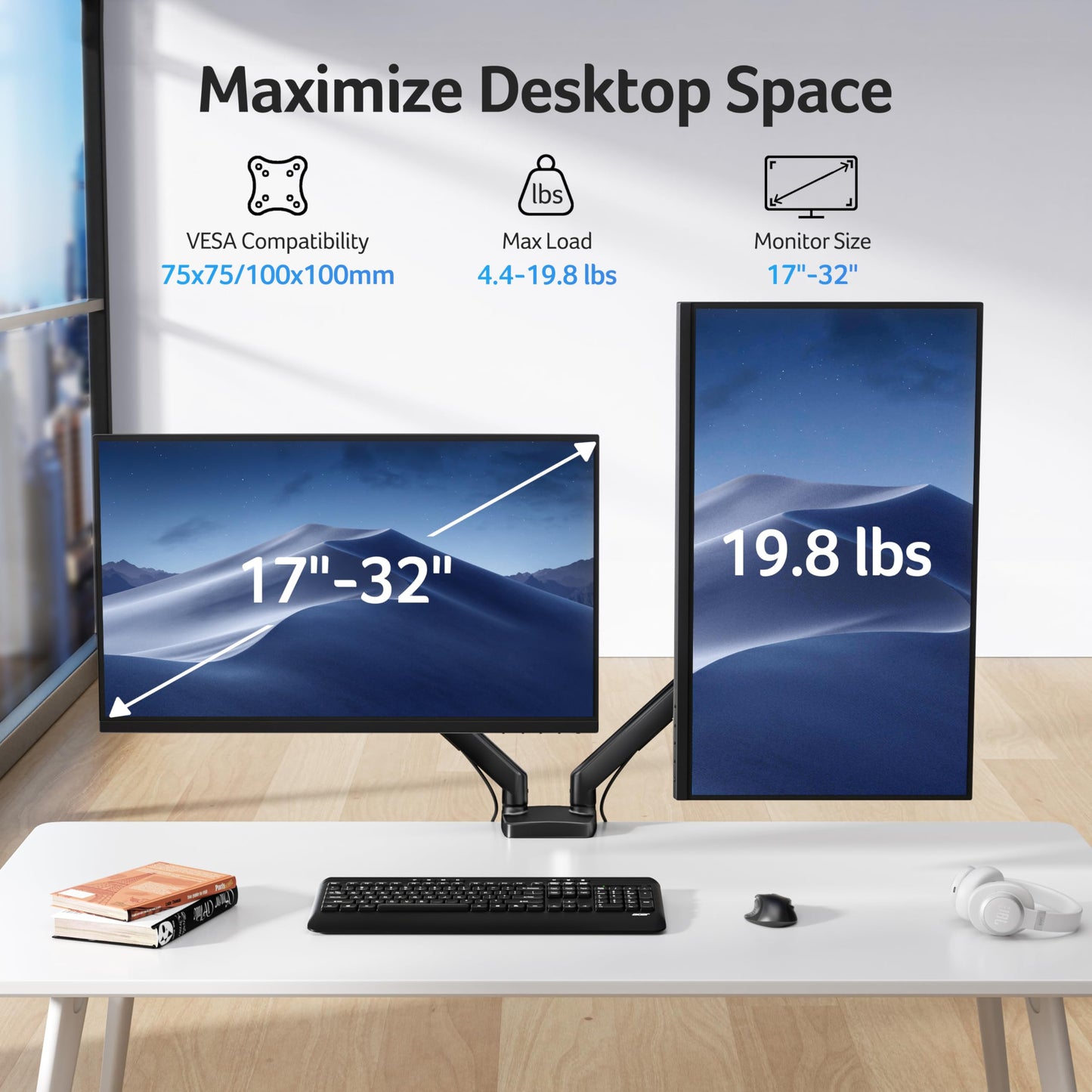 Acer Dual Monitor Arm, Computer Desk Arm with VESA Mounts for 17–32″ Screens, Fully Adjustable Gas Spring Monitor Stand, C-Clamp and Grommet Mounting Base, Fits 4.4 to 19.8lbs Computer Monitors