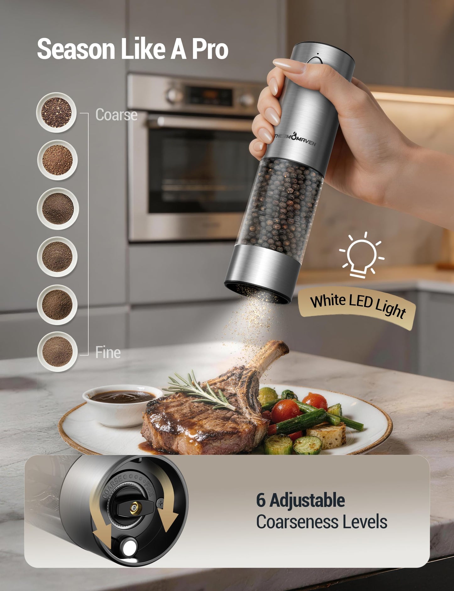 ThermoMaven Electric Salt and Pepper Grinder Set, 110ml Larger Rechargeable Automatic Salt and Pepper Mill Grinder with 6 Adjustable Coarseness, Electric Salt and Pepper Shakers, LED, Gun Grey