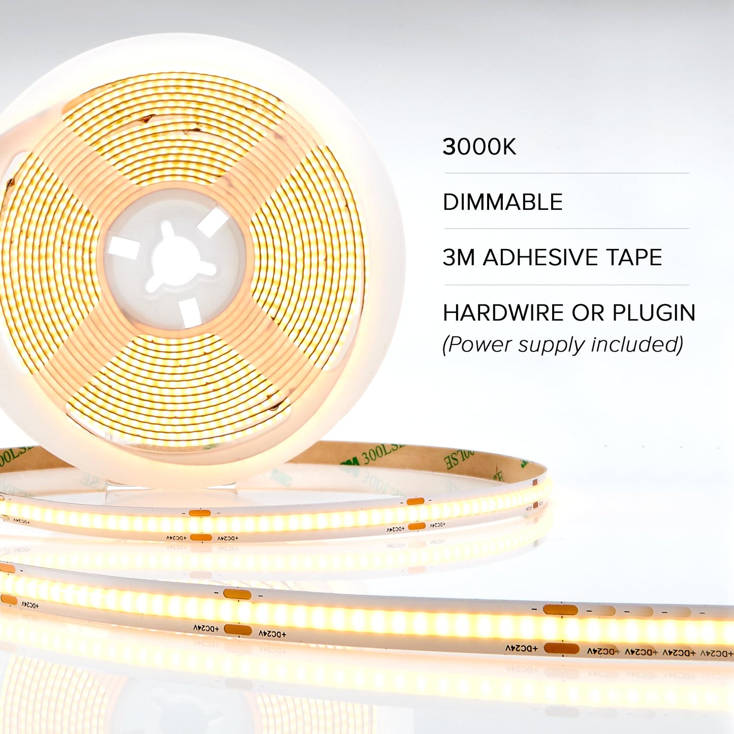 Maxxima 16.5 ft. COB LED Strip Light Spool, Plug-in Or Hardwired with Power Supply, 3000K Warm White, Dimmable, Self Adhesive Cuttable Rope Tape Light Roll for Bedroom, Kitchen and Mirror