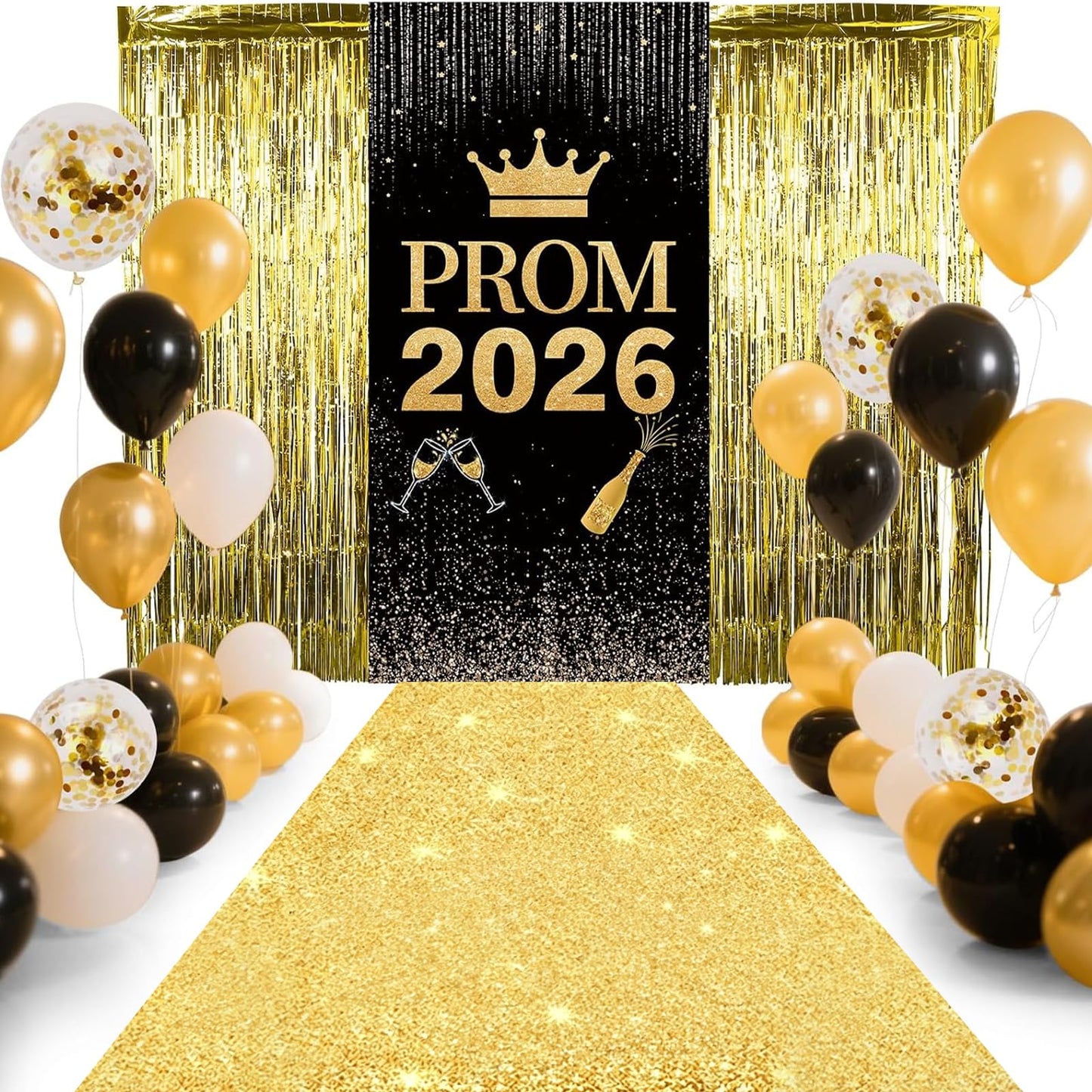 Prom 2026 Party Decorations Set Glitter Carpet Runner 15 x 2ft Runway Rug for Prom Party with Prom 2026 Door Banner, Tinsel Foil Fringe Curtains, Balloons for Graduation Prom Decoration (Gold)