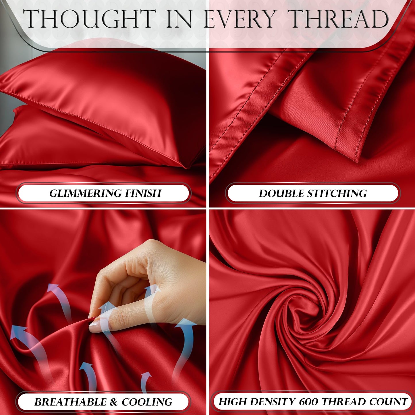 DECOLURE Satin Bed Sheets - 4 Piece Luxury Silky King Size Bedding Set - Softer Than Silk, Wrinkle-Free with 15” Deep Pocket Fitted Sheet, Perfect for Hair & Skin, Gifts for Women (Red)