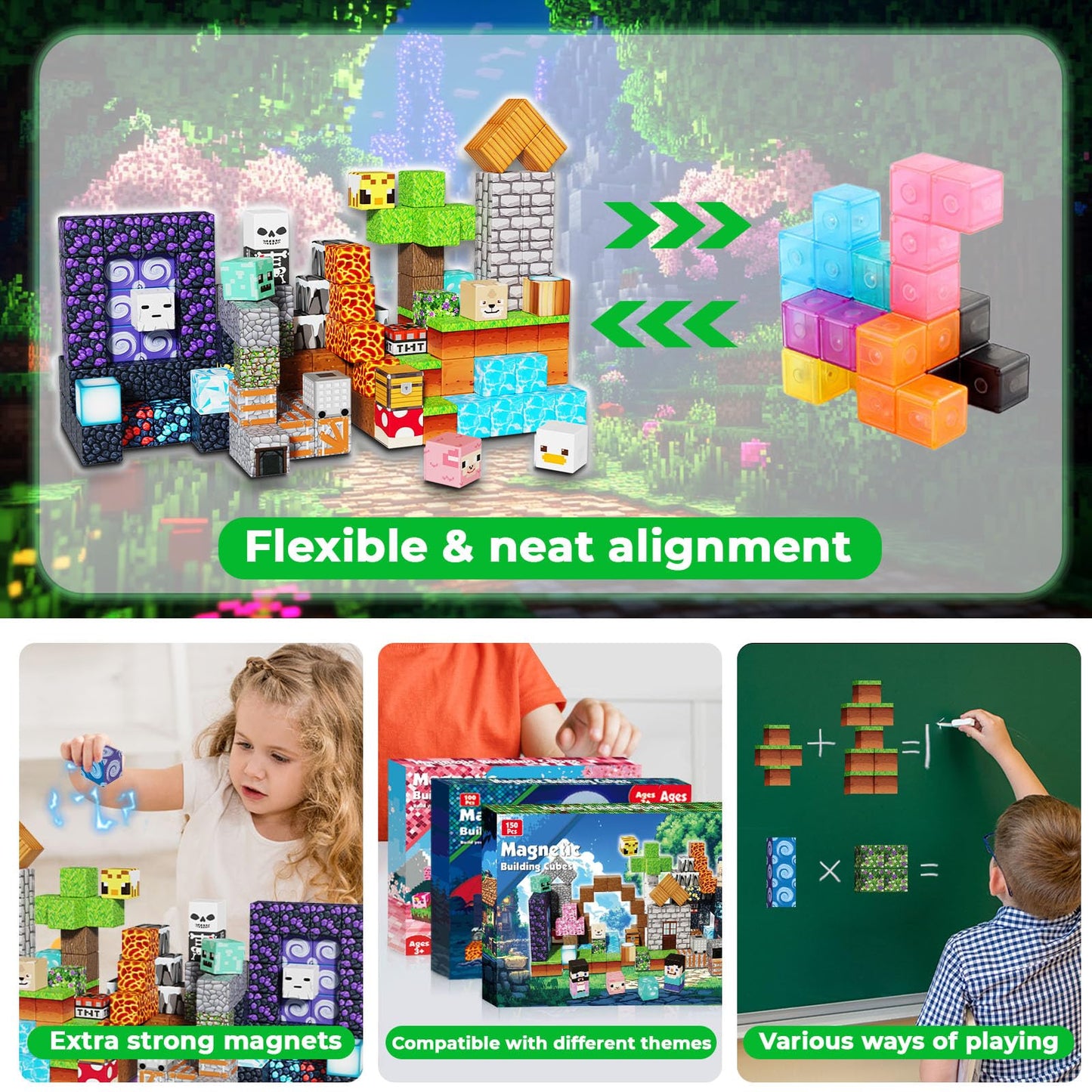 Magneverse 150 PCS 0.8in Magnetic Blocks - Magnet Toys, Magnetic Building Blocks Cubes, Stacking Magnets, School STEM Toys Birthday Gifts for Boys and Girls Age 3+ Years Old (Theme: Adventure World)