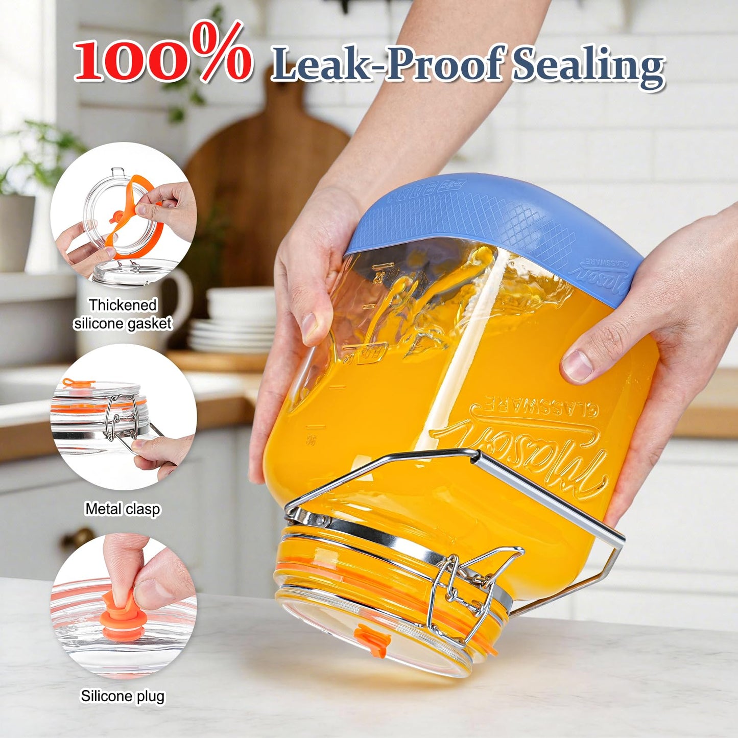 Folinstall 1 Gallon Fermentation Jar with 3 Airlocks, Stainless Steel Handle, Non-Slip Silicone Base, 128 oz Glass Storage Jar for Mead Making, Wine Making, Sourdough Starter, 2 Pack