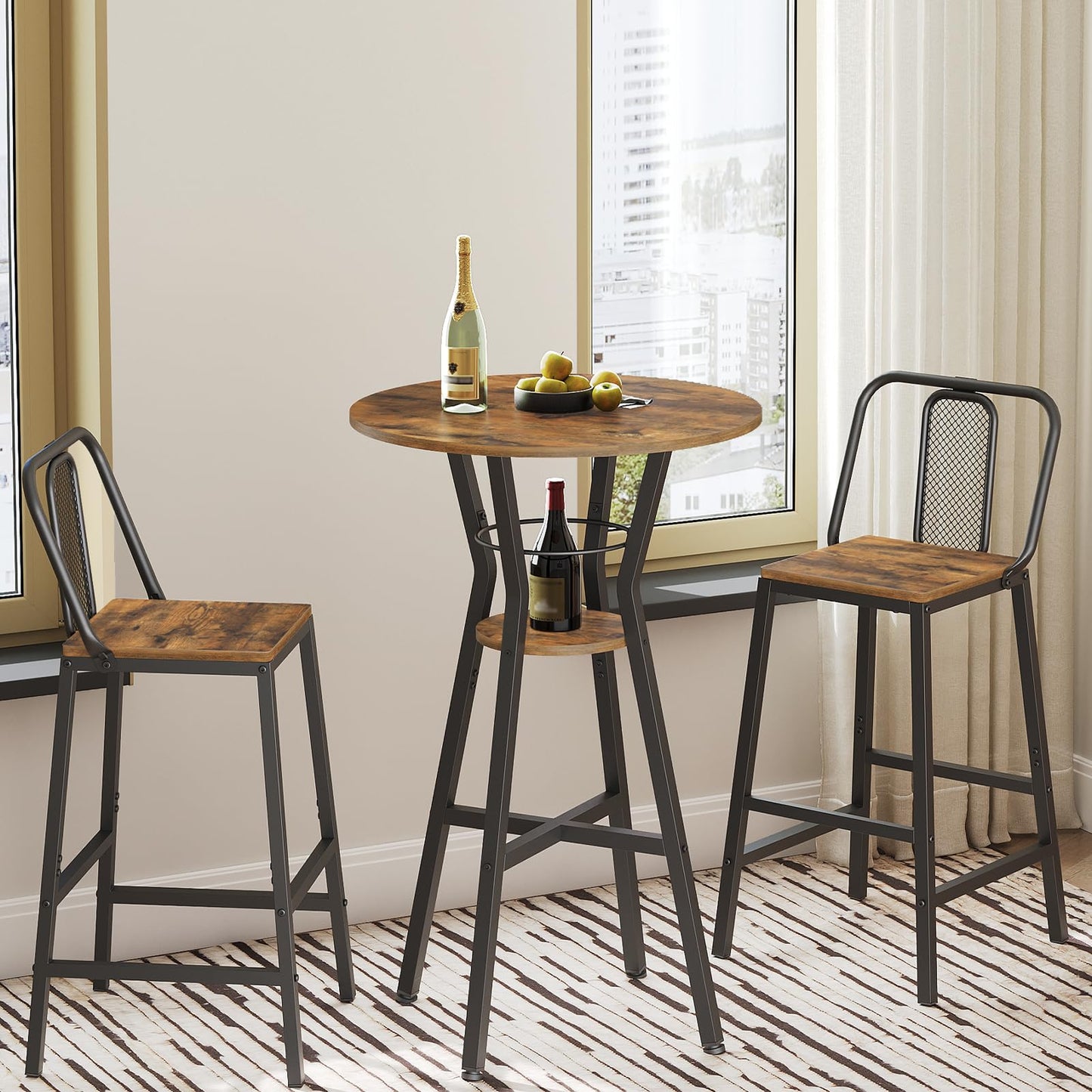 YATINEY Bar Table, 2-Tier Round High Top Table, Pub Table, Home Bar Counter Height Tables, Bistro Tables, for Kitchen, Living Room, Meeting Room, Pub, Rustic Brown and Black BT03BR