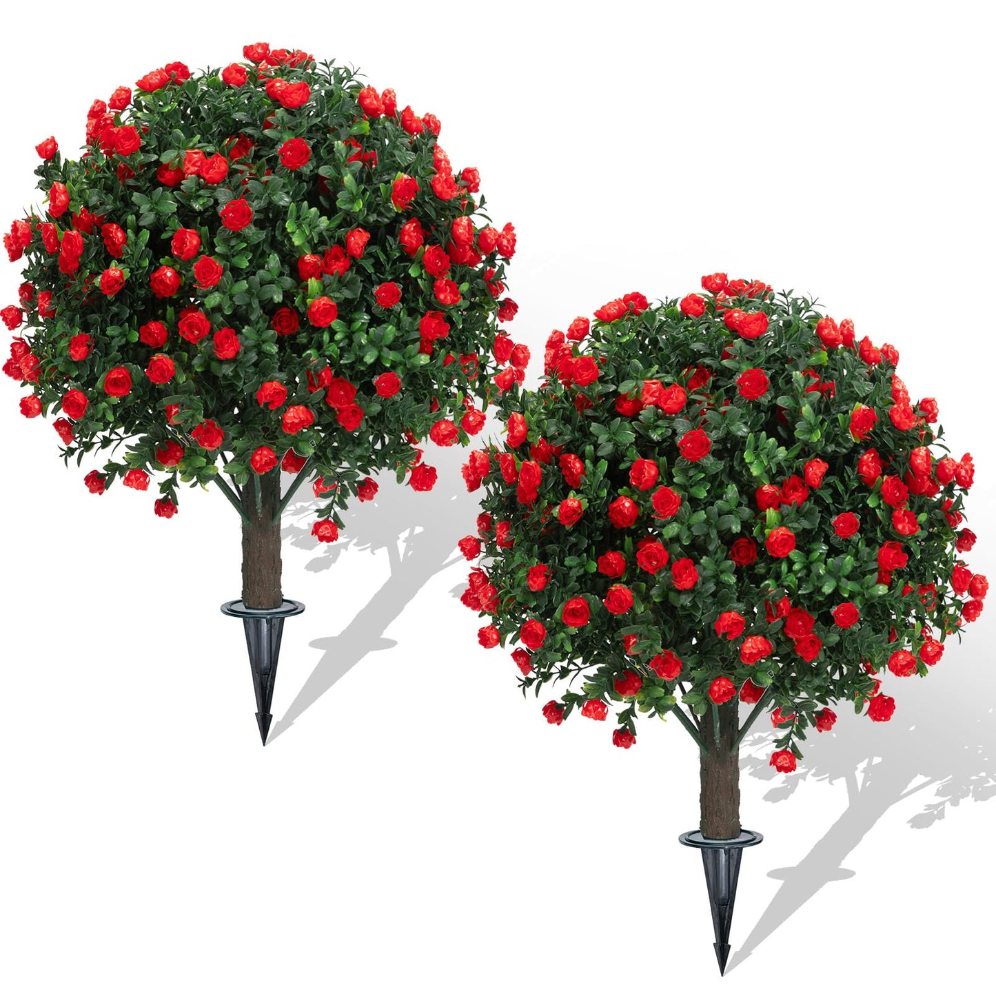 Set of 2 Artificial Boxwood Topiary Ball Trees with Red Flowers for Outdoor with Ground Spike 22", UV Resistant Faux Greenery Shrubs, Fake Plants for Garden, Yard, Porch, Patio Valentine's Day Decor