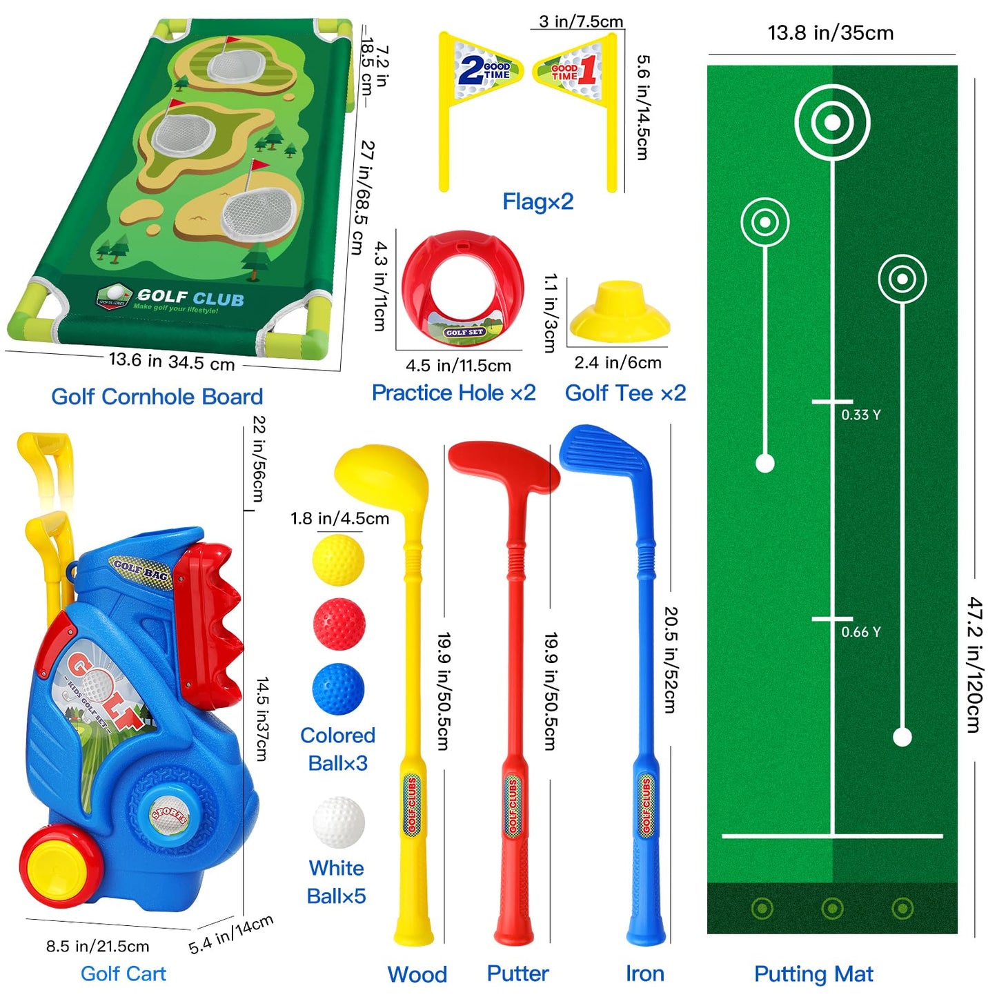 Jovizo Toddler Golf Set for Boys Girls 2 3 4 5 Years Old, Upgraded Kids Golf Cart with Putting Mat & Cornhole Board, Outdoor Indoor Sports Toys, Blue
