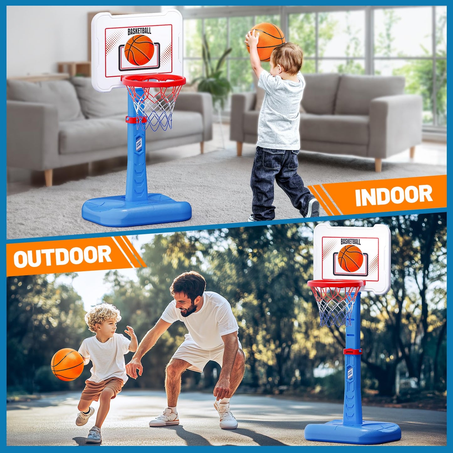 3 in 1 Kids Basketball Hoop and T Ball Set, Adjustable Height Toddler Basketball Hoop, Hanging Tee Baseball, Indoor Outdoor Sports Toys Gifts for Toddlers Boys Girls Ages 3 4 5 Year（Blue