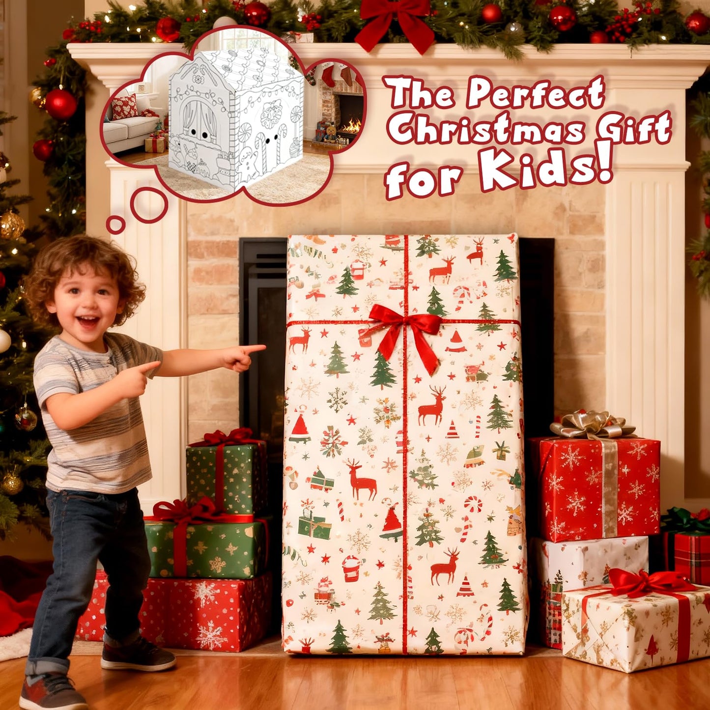 kockuu Gingerbread Cardboard House to Color for Kids Toddlers, Large Gingerbread Cardboard Coloring House Playhouse Christmas Arts & Crafts Activity Indoor Fun, 40" x 32" x 26"