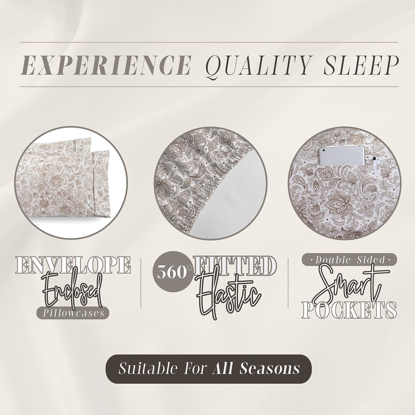 Elegant Comfort Amelia Paisley Printed 6-Piece Sheet Set, Deep Pocket 1500 Thread Count, Fade, Stain, and Wrinkle Resistant, Fitted Sheets with Smart Pockets, Paisley Sheet Set, King, Latte Taupe