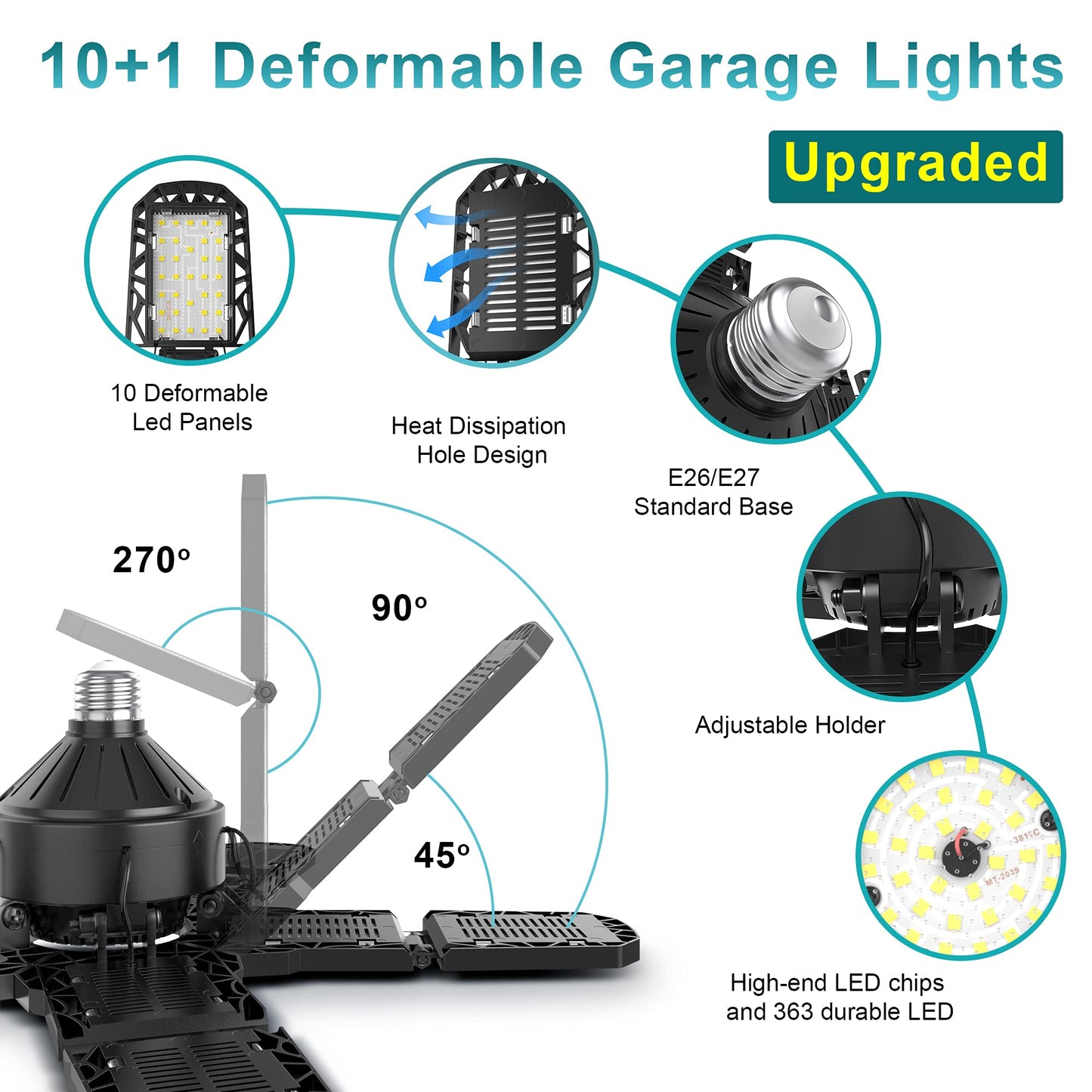 Nexillumi 4-Pack Led Garage Light 180W, 36000LM LED Shop Lights with E26/E27 Medium Base, 6000K Deformable Garage Lights Ceiling LED with 10+1 Adjustable Panels for Garage, Workshop, Attic, Basemen