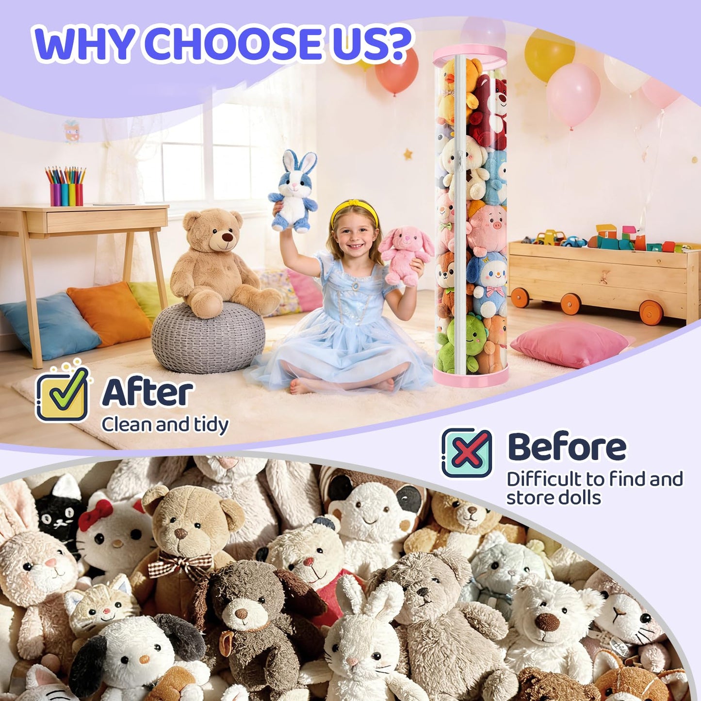 Mocuba Stuffed Animal Storage Tube, Dust-Resistant 47x11 Inches Large Capacity Toy Storage Organizer with Zipper, Easy Assembly & Space Saving for Plush Toys, Playrooms Living Rooms Bedrooms Pink