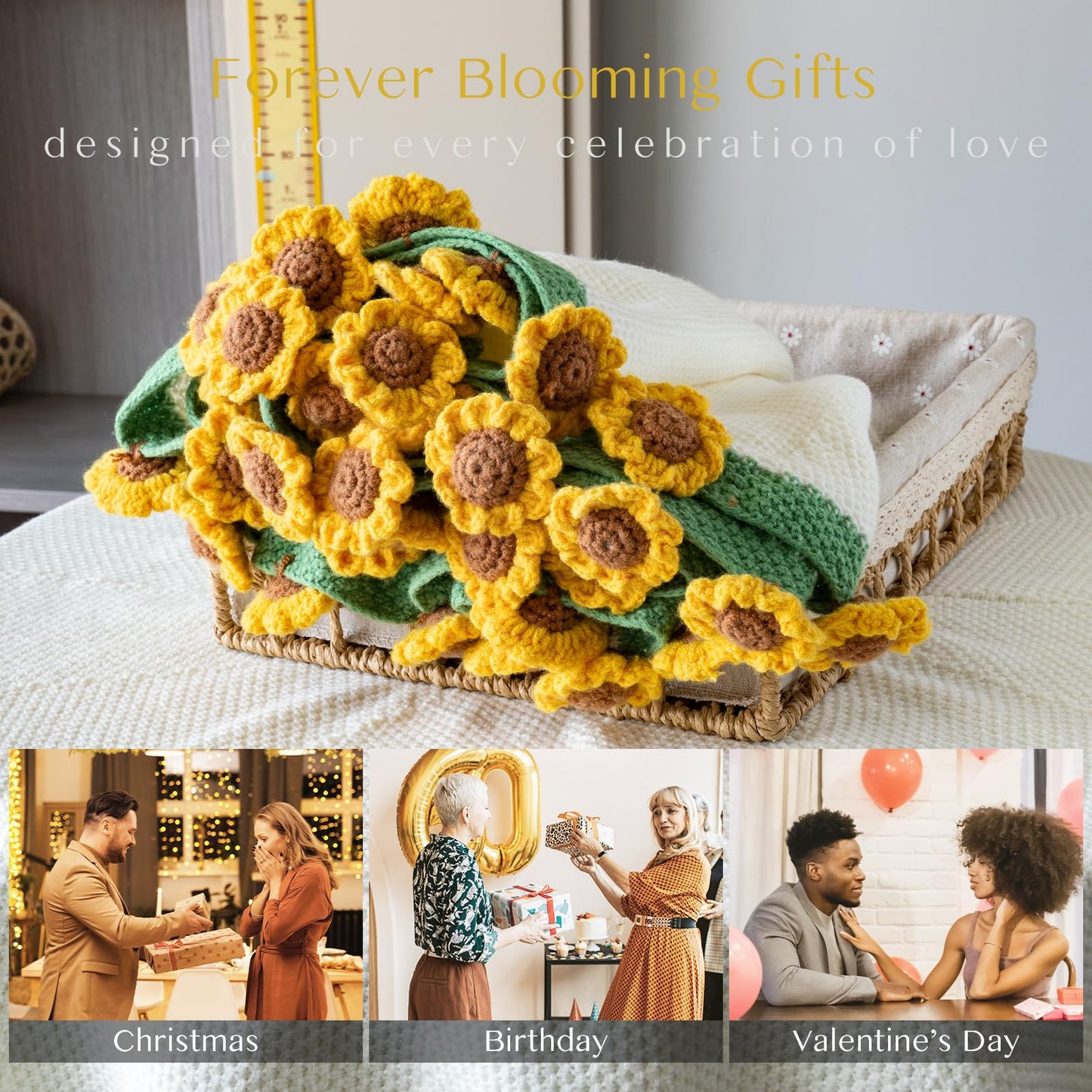 EIGHTOWN 43'' Crochet Sunflowers Rose Bouquet Blanket Finished - Handmade Knitted Throw Blanket - Home Décor Ideal Gift for Mom - Mother's Day Birthday Valentine's Day (Sunflower)