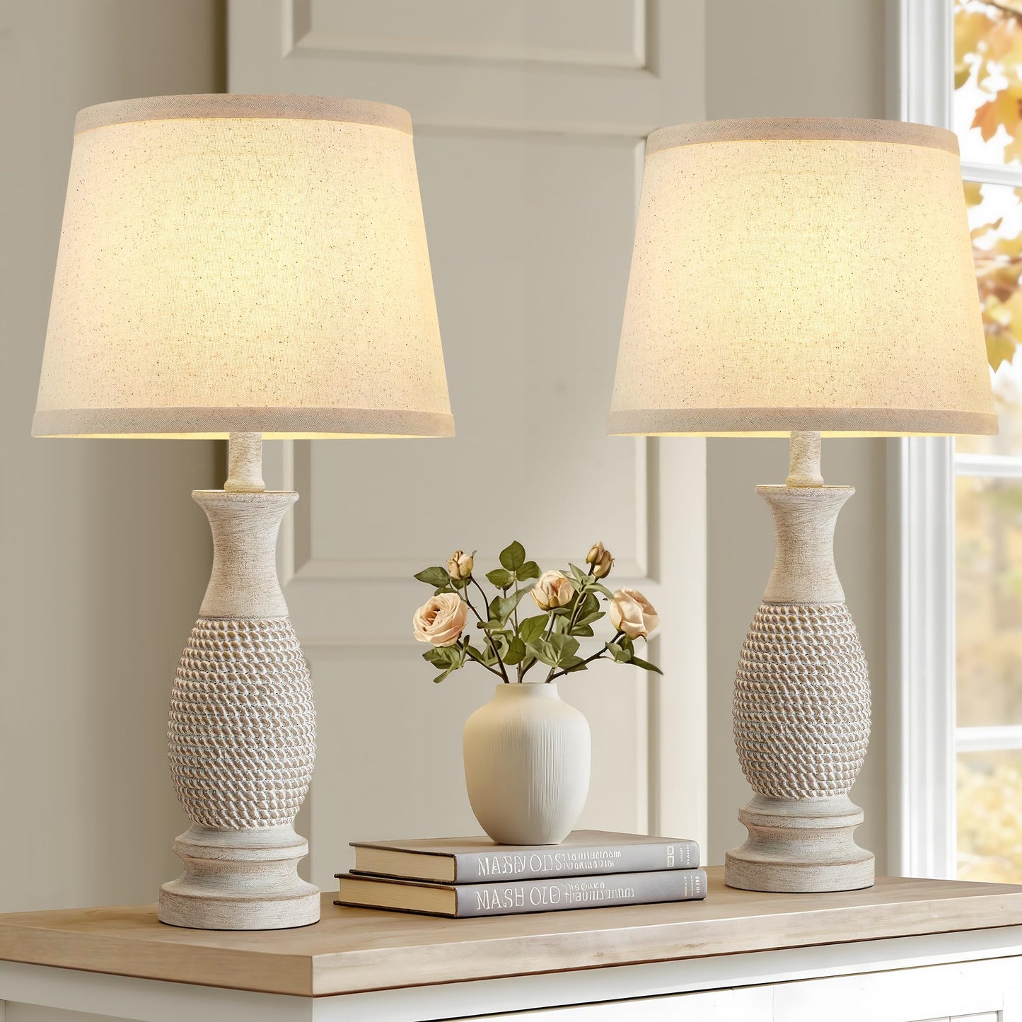 EJIAXIN Table Lamps Set of 2-21.6" Resin Farmhouse Bedside Lamps for Bedroom Living Room, Rustic Nightstand Bedroom Lamp with Rotary Switch for Night Stand End Table