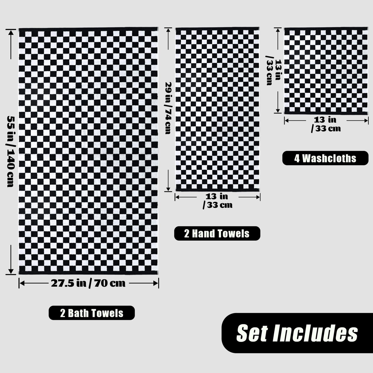 Jacquotha Black and White Towels Set of 8, Cute Checkered Towels for Bathroom Decor, 2 Bath, 2 Hand, 4 Washcloths, Cotton