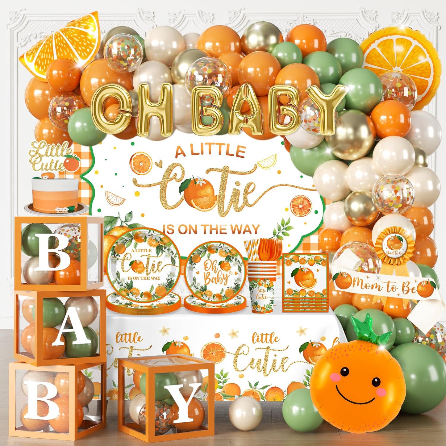 Fexivo 279 PCS A Little Cutie Is On The Way Decorations, All-in-One Orange Baby Shower Party Pack With Balloon, Backdrop, Plates and Napkins, for Little Cutie Baby Shower, Service 25