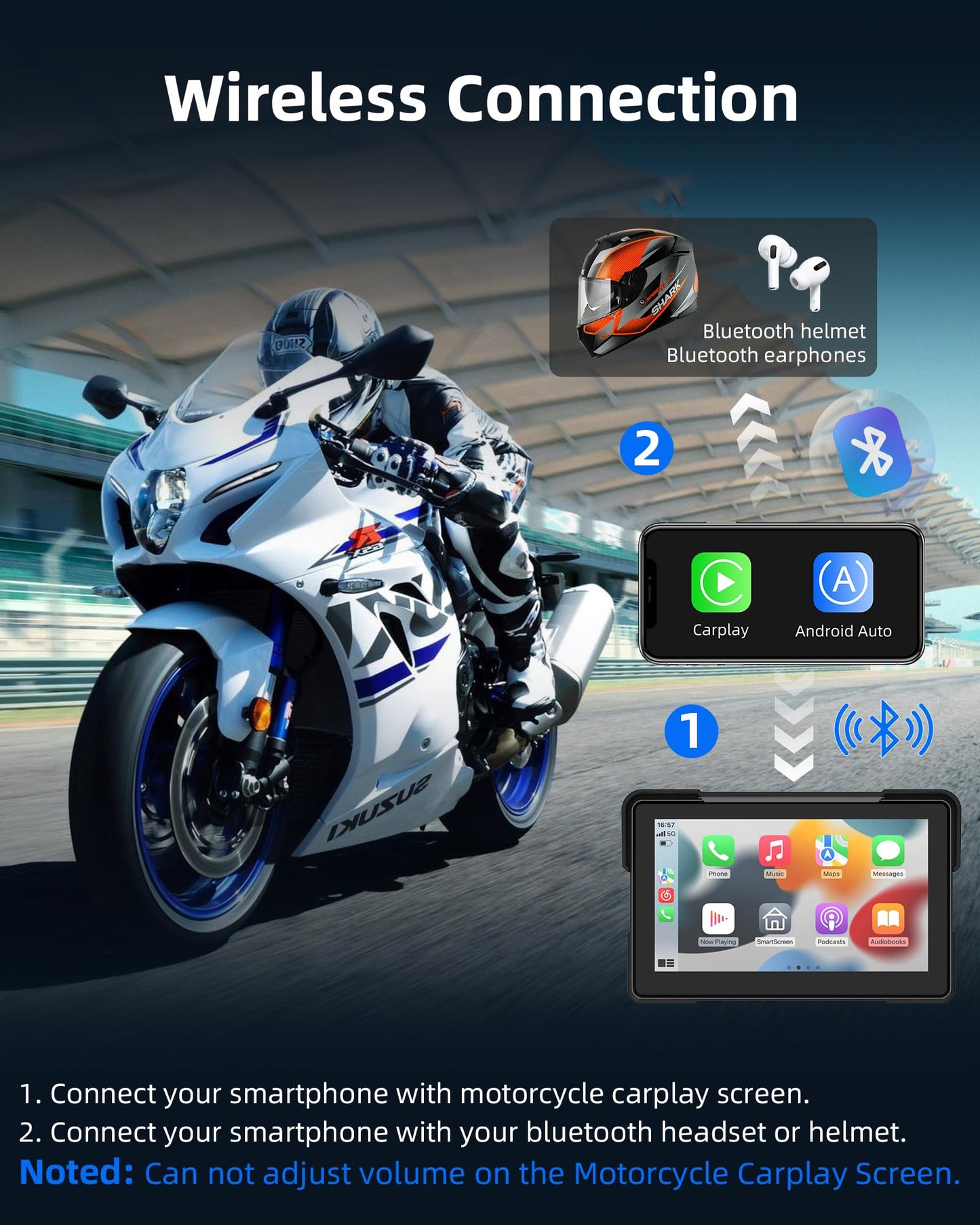 7 inch Motorcycle CarPlay Motorcycle w Dual 2K Dash Cam Wireless Carplay Android Auto Screen for Moto with GPS Navigation for Motorbike Voice Control Light Sensor Bluetooth TF-64G Waterproof