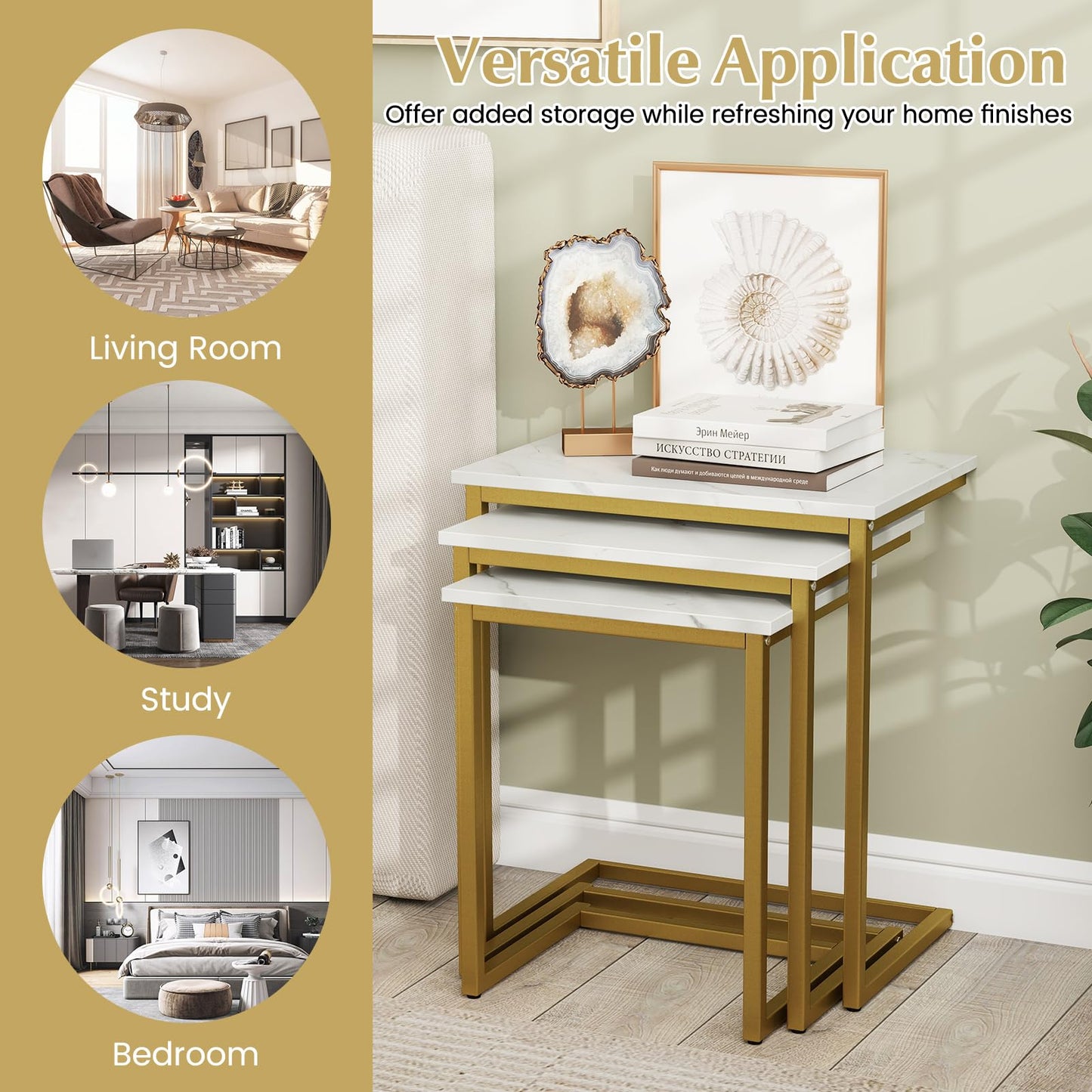 Giantex Nesting Coffee Table Set of 3, Stackable Square End Table w/Faux Marble Tabletop & Heavy-Duty Metal Frame, Farmhouse C-Shaped Accent Table for Small Space, Living Room, Bedroom (White Gold)
