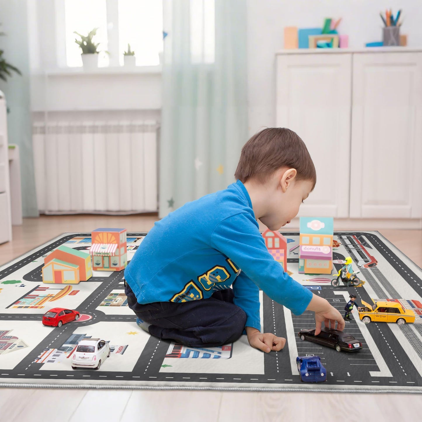 5x7ft Kids City Road Car Play Rug - Non-Slip Faux Wool Carpet with Interactive City Map Design, Educational Toy Vehicle Mat for Kids, Bedroom Playroom Nursery Gift.