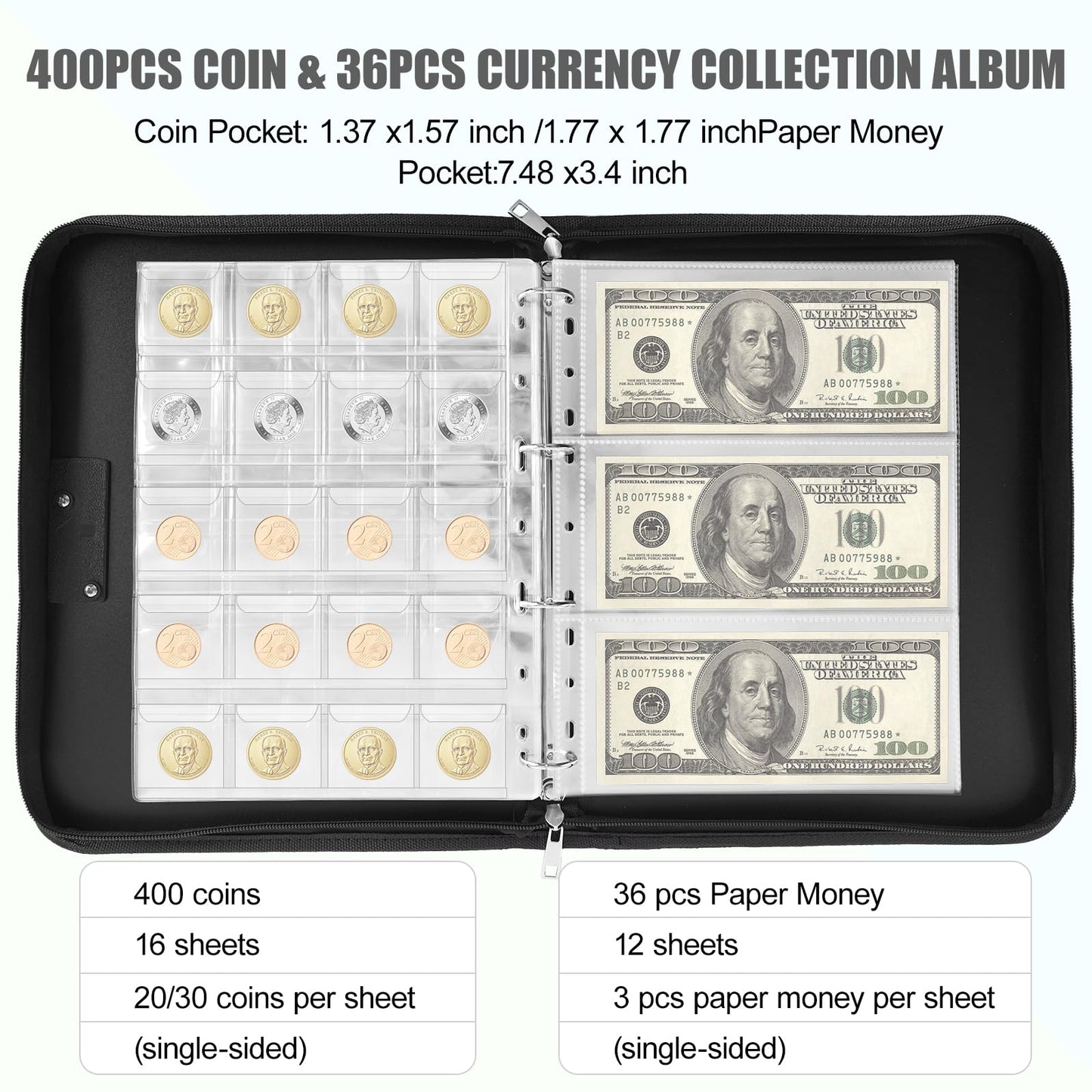 Coin Collection Book with Lock, 400 Pockets Fireproof Coin Collection Book & 36 Paper Money Organizer Binder for Coin Currency Collection Supplies,Pennies,Bill,Tokens,Badges