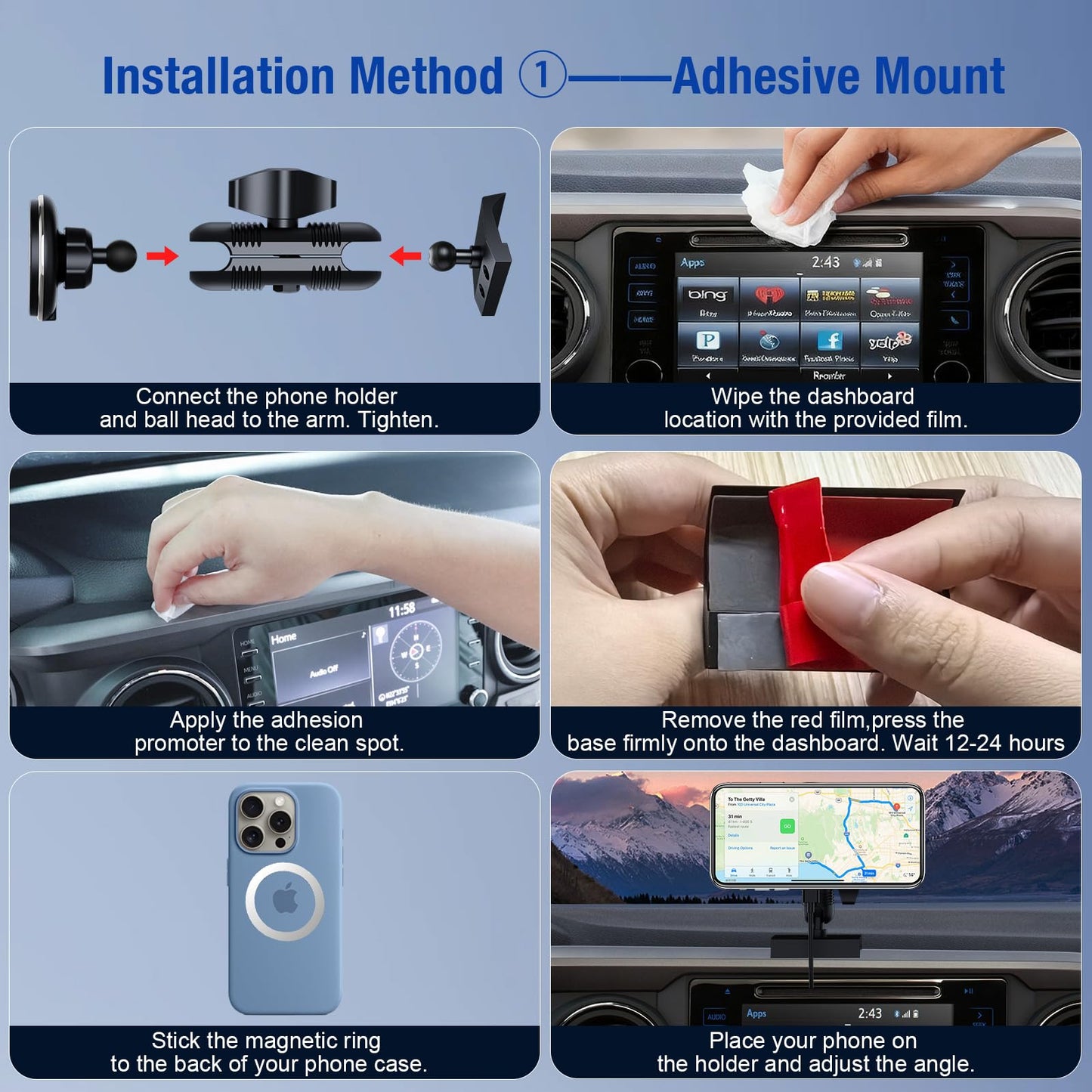 Car Charger Phone Mount for Toyota Tacoma 2016-2023, 3rd Gen Tacoma Dashboard Clip Cell Phone Cradles 360° Adjustable 20x Strong Magnet Phone Stand Cellphone Holder Fit for All Smartphones