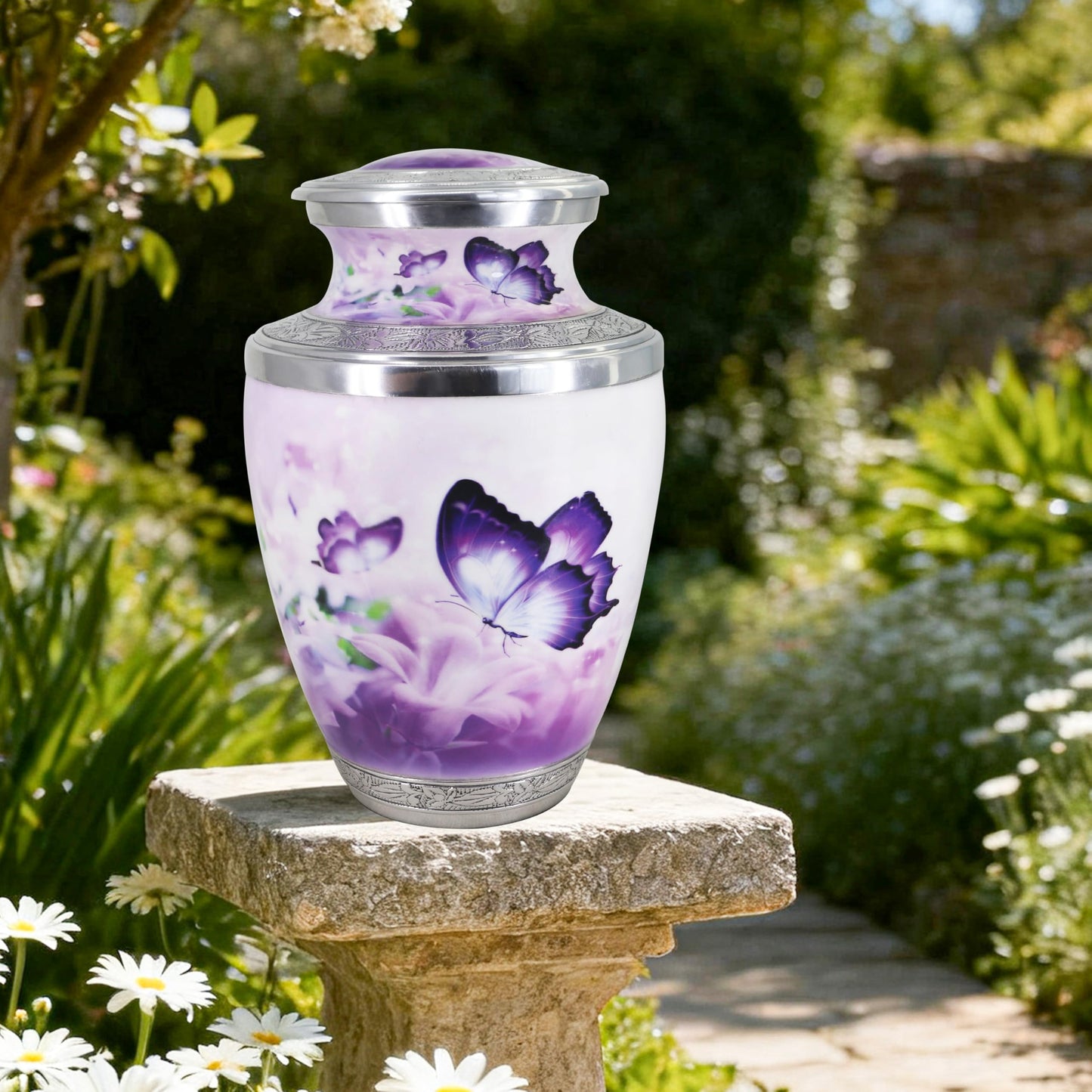 M MEILINXU Urn for Ashes for Woman & Men, Cremation Urns for Human Ashes Adult Female and Male, Burial Urn with Butterflies, Decorative Urns for Funeral, Purple Butterfly and Flowers - Large
