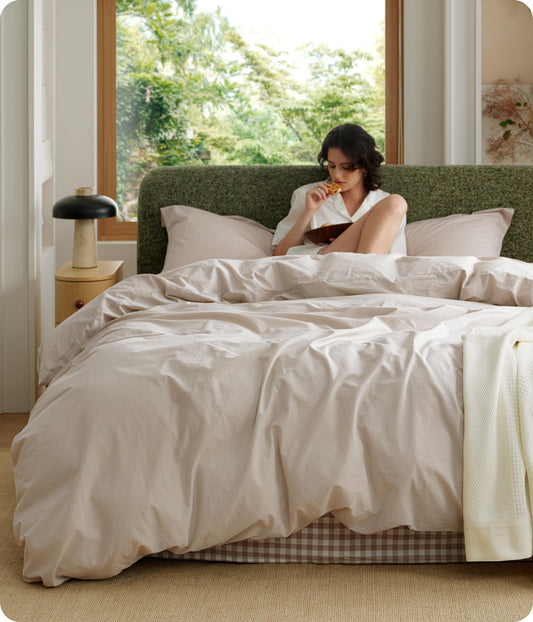 Bedsure 100% Washed Cotton Duvet Cover Queen Size - Linen Color Minimalist Bedding Set Linen Like - PureWoven Plain Simple & Soft Comforter Cover for All Seasons (Queen, 90"x90")