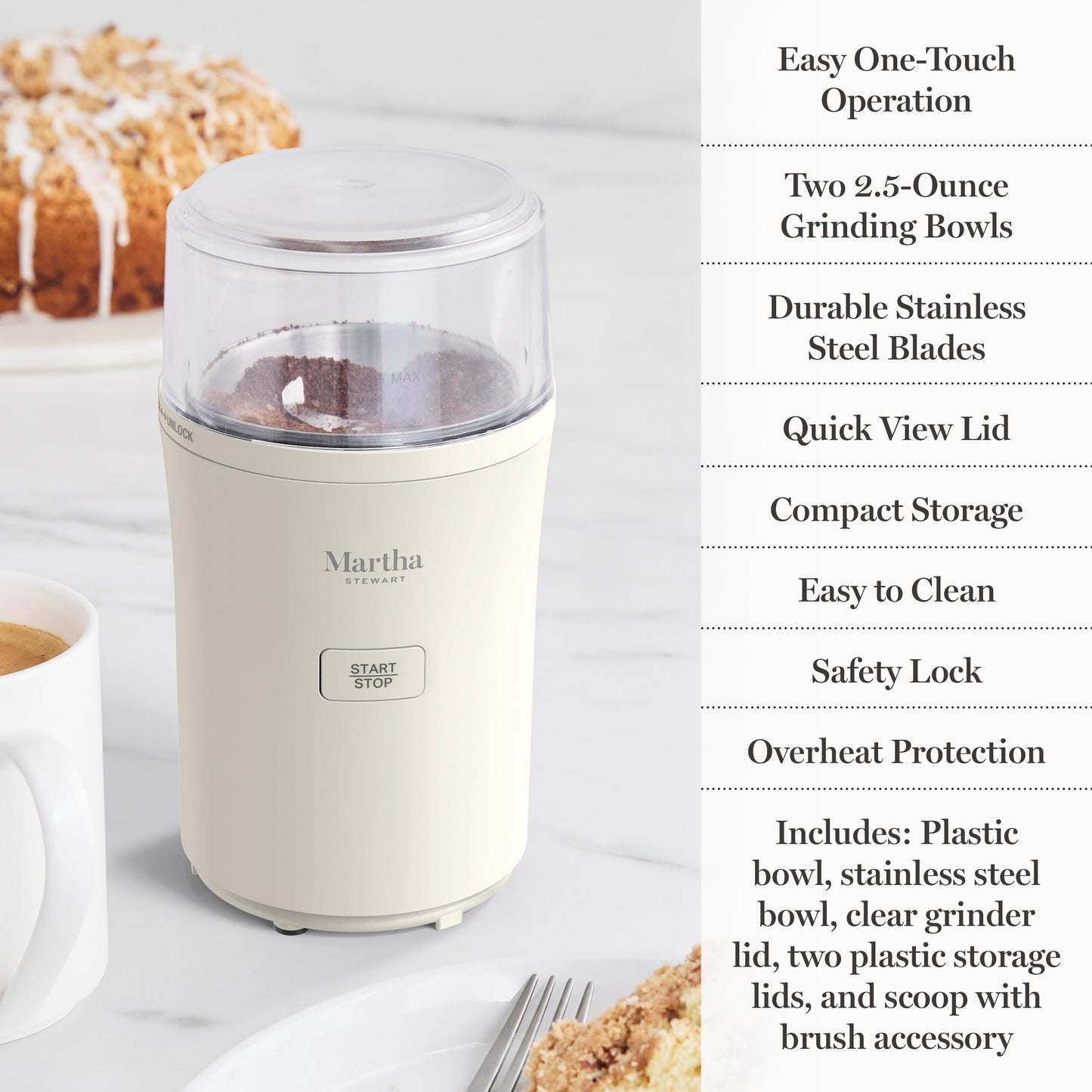 Martha Stewart Electric Coffee & Spice Grinder, Dual 2.5oz Removable Bowls, Storage Lids, Stainless Steel Blades, One Touch Pulse Control, 2-in-1 Compact, Beans & Spices, Herbs & Nuts, Linen Cream